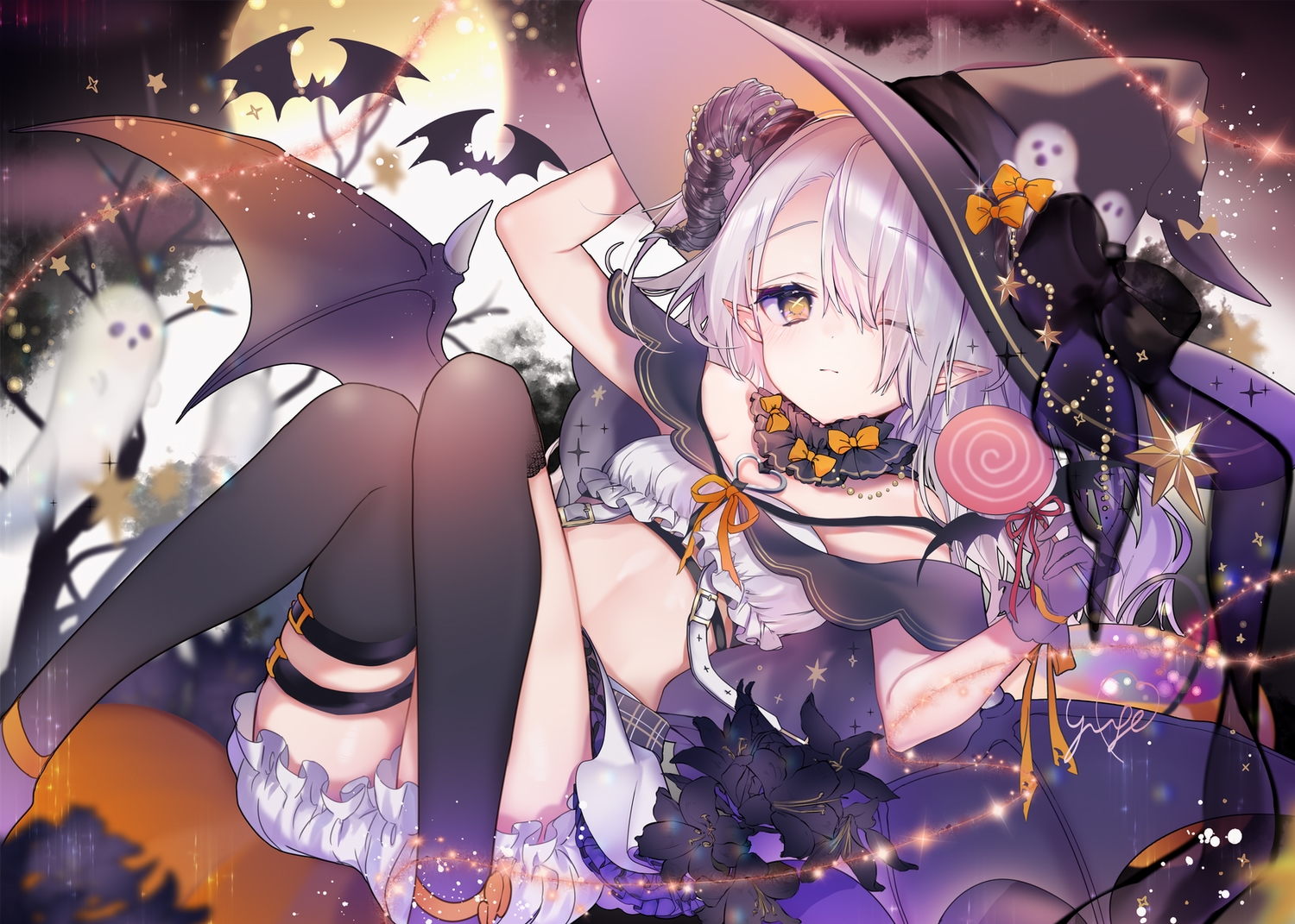 bloomers, bow, candy, flowers, gloves, halloween, hat, horns, lollipop, long_hair, moon, night, original, pointed_ears, signed, skirt, sky, thighhighs, tree, white_hair, wings, wink, witch_hat, yellow_eyes, yukimiya_yuge