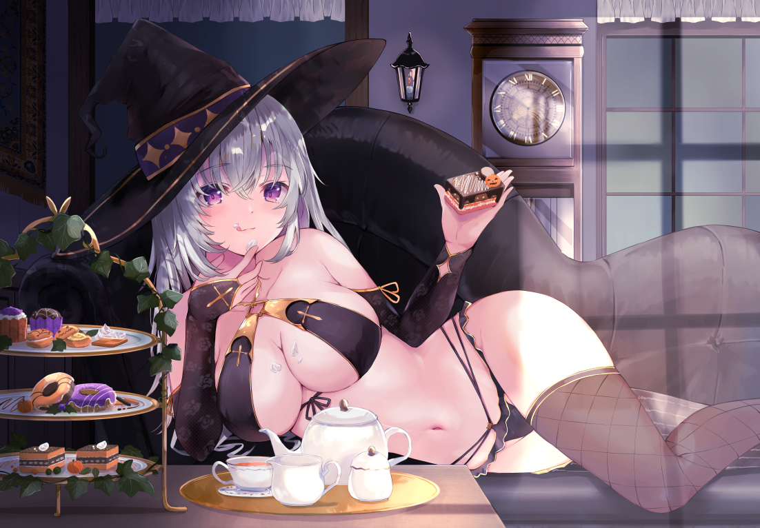 aliasing, couch, drink, food, gray_hair, halloween, hat, long_hair, original, purple_eyes, thighhighs, tomura2maru, witch_hat