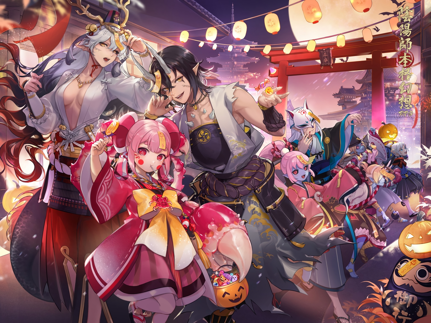 building, callarin, candy, gray_hair, group, halloween, horns, ichimoku_ren_(omnyouji)