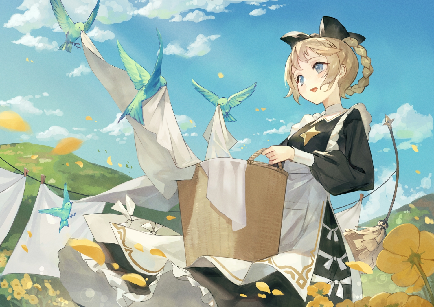 afk_arena, animal, apron, bird, blue_eyes, braids, brown_hair, clouds