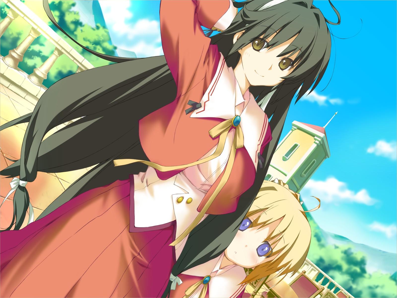 2girls, black_hair, blonde_hair, blue_eyes, blush, building, clouds, favorite