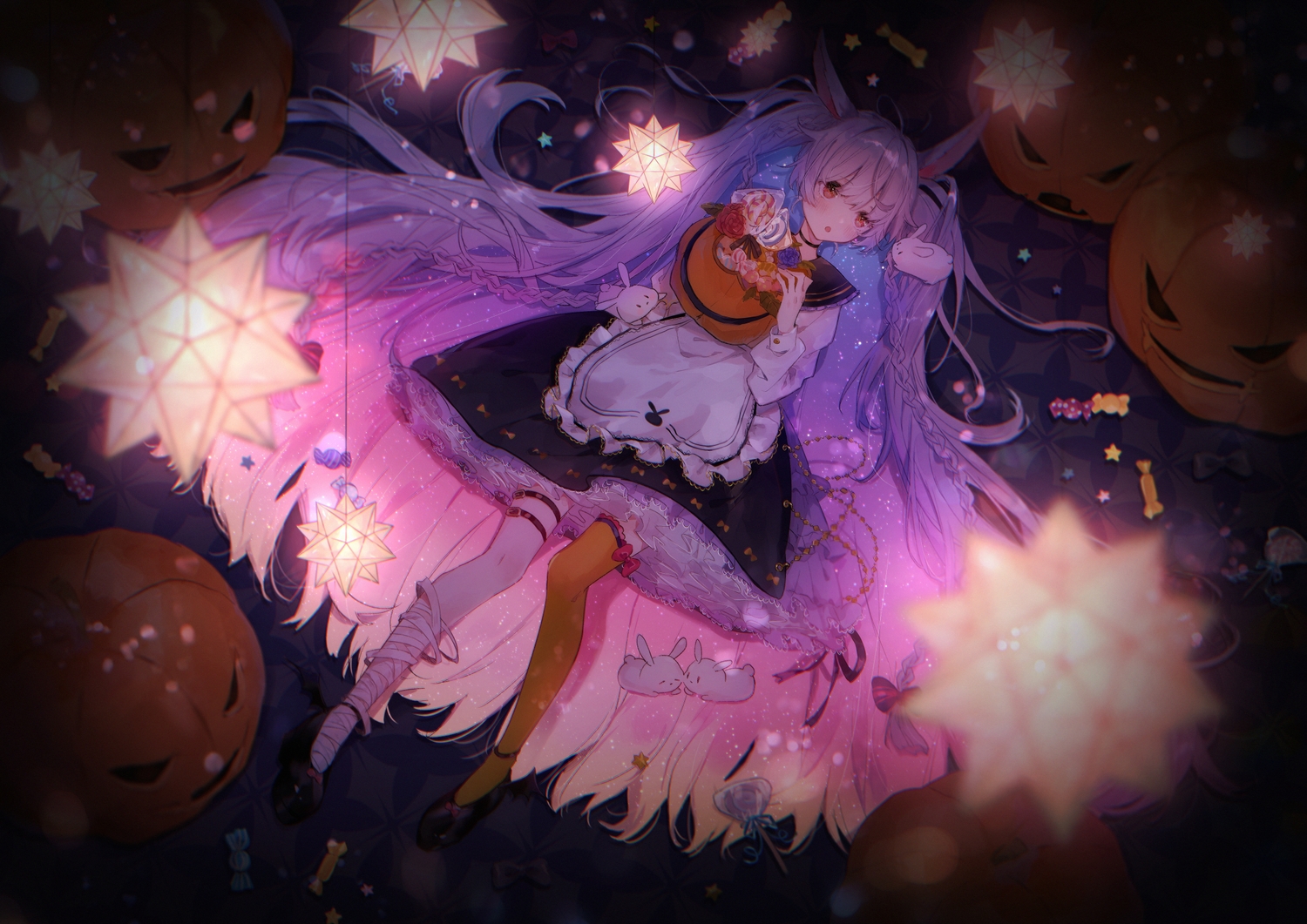 aliasing, animal, animal_ears, bunny_ears, bunnygirl, candy, dark, dress, halloween, lolita_fashion, lollipop, long_hair, necojishi, orange_eyes, original, pumpkin, rabbit, thighhighs, twintails, white_hair