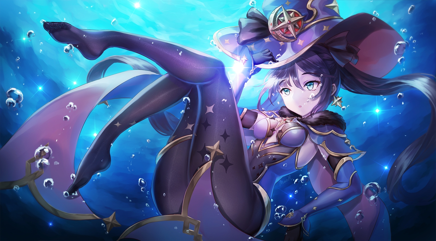bubbles, elbow_gloves, genshin_impact, gloves, hat, long_hair, mona_megistus, purple_hair