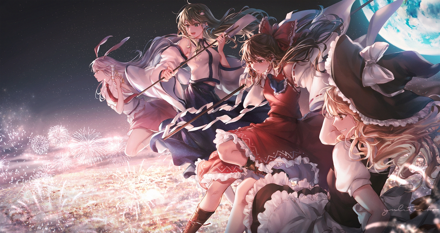 animal_ears, blonde_hair, brown_hair, bunny_ears, bunnygirl, clouds, fireworks, green_eyes, green_hair, group, gun, hakurei_reimu, hat, japanese_clothes, kirisame_marisa, kochiya_sanae, long_hair, miko, moon, reisen_udongein_inaba, sky, touhou, weapon, witch, witch_hat, yellow_eyes, yuli_(yulipo)