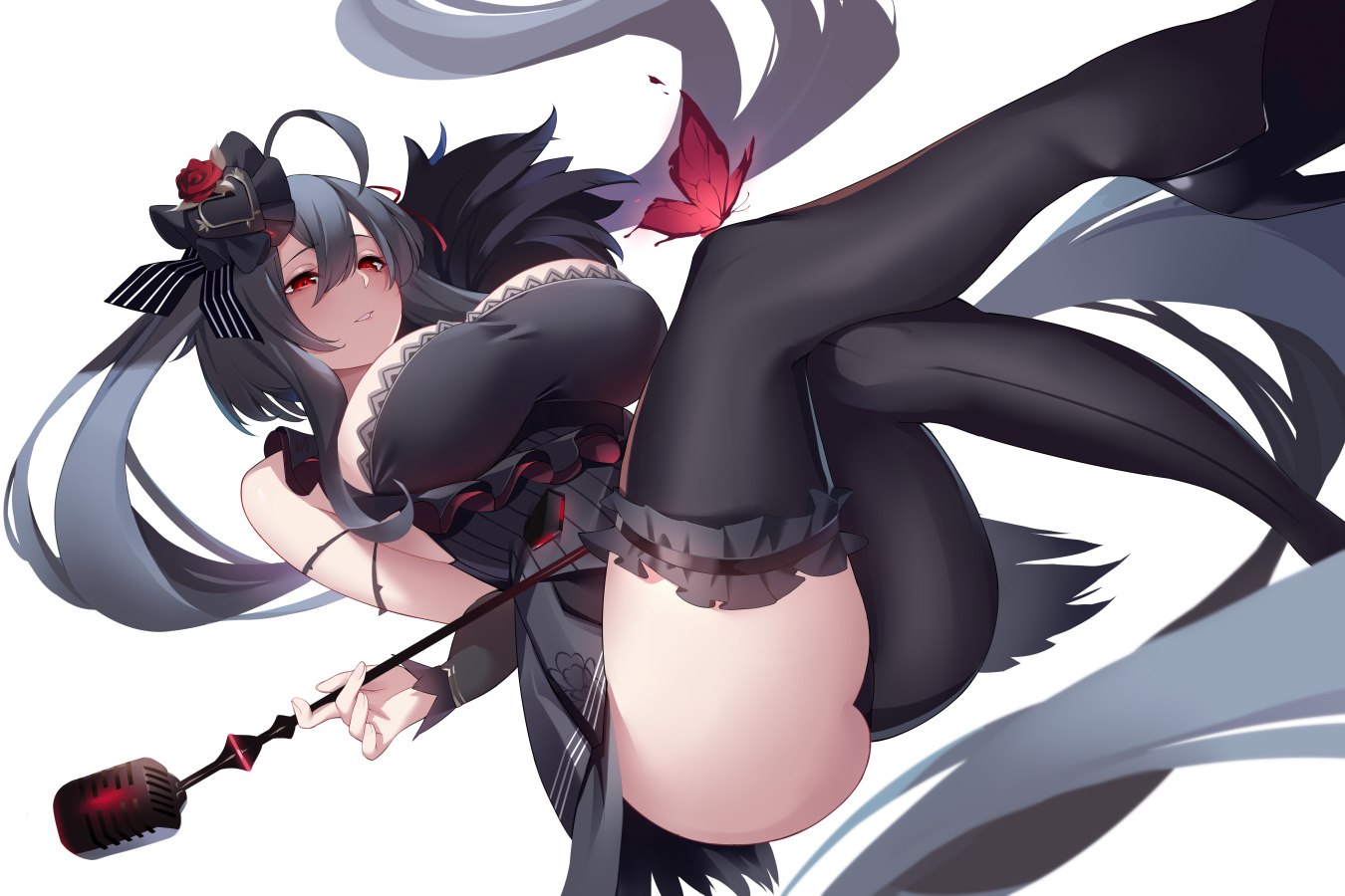anthropomorphism, ass, azur_lane, black_hair, butterfly, kaneko_(bblogtinhan), long_hair, microphone, red_eyes, taihou_(azur_lane), twintails