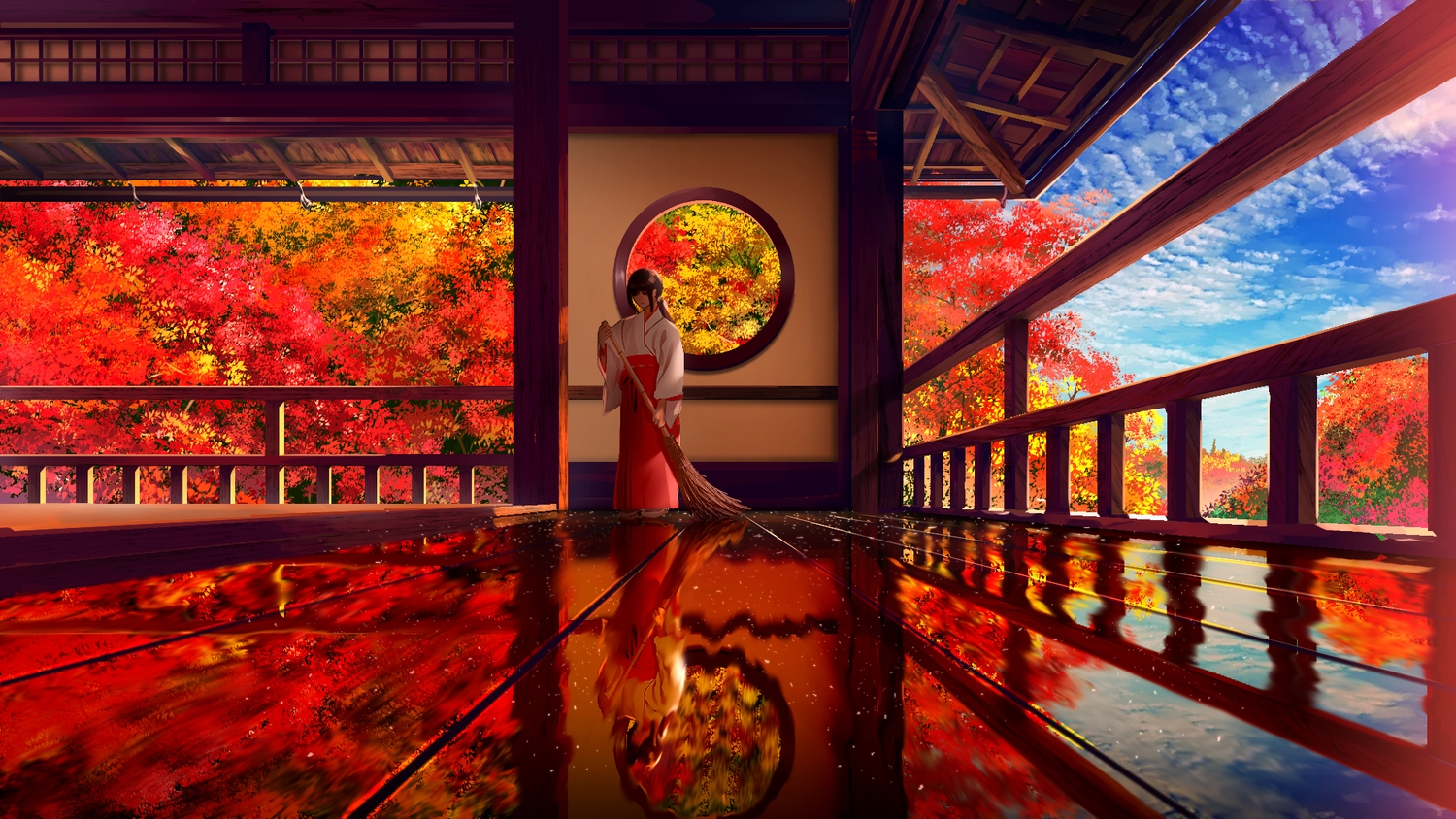 aliasing, autumn, black_hair, building, clouds, japanese_clothes, original, reflection
