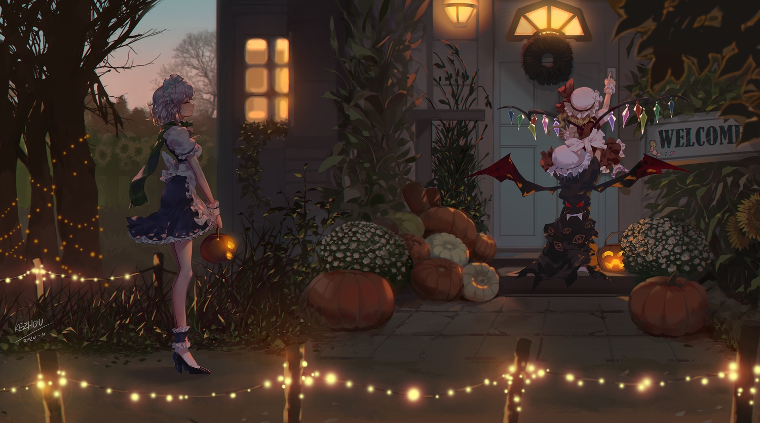 apron, building, dark, flandre_scarlet, halloween, izayoi_sakuya, kezhou, loli