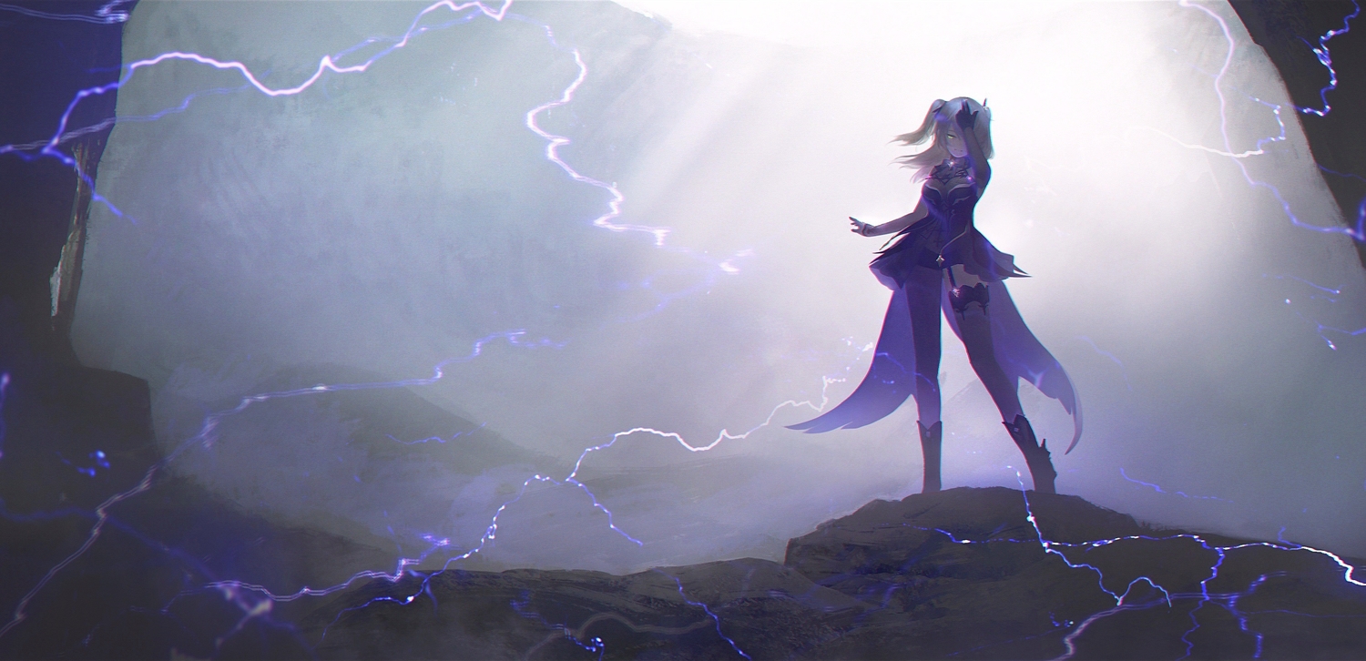 anna_(drw01), blonde_hair, fischl_(genshin_impact), genshin_impact, magic, stockings, yellow_eyes