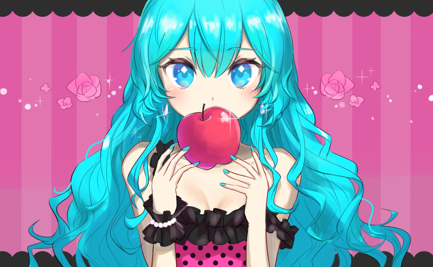 apple, aqua_eyes, aqua_hair, close, food, fruit, hatsune_miku, hyokko_(hiyotuko), long_hair, pink, romeo_and_cinderella_(vocaloid), vocaloid, waifu2x, wristwear