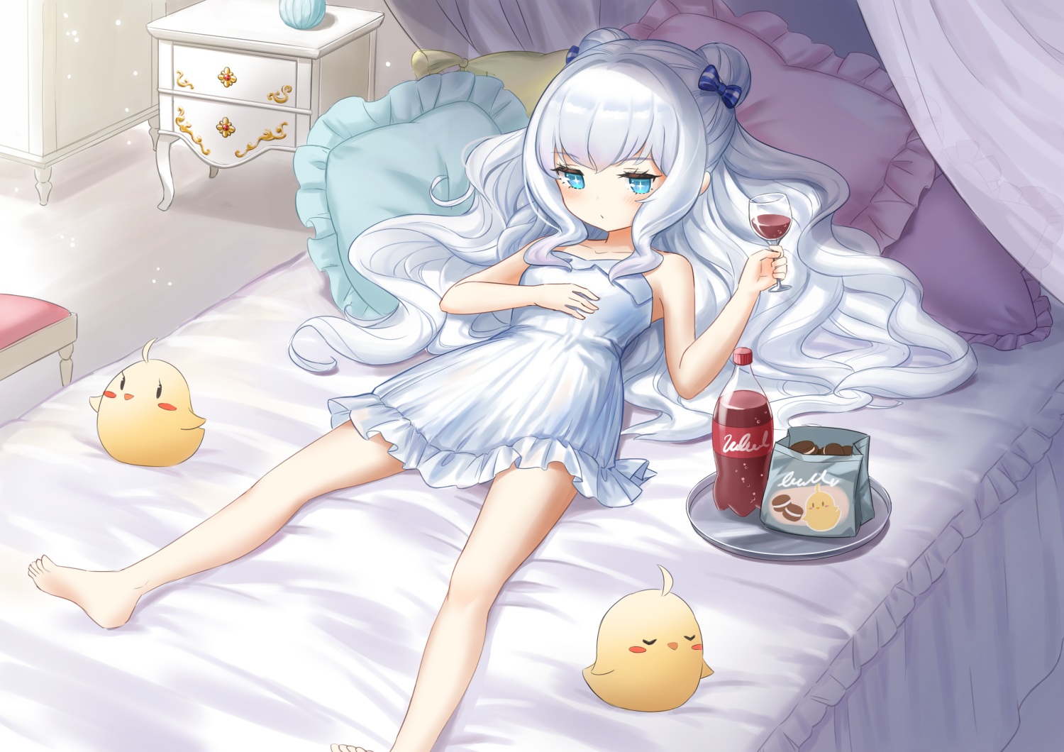 anthropomorphism, aqua_eyes, azur_lane, bed, food, hyokko_(hiyotuko), le_malin_(azur_lane), loli, long_hair, manjuu_(azur_lane), white_hair