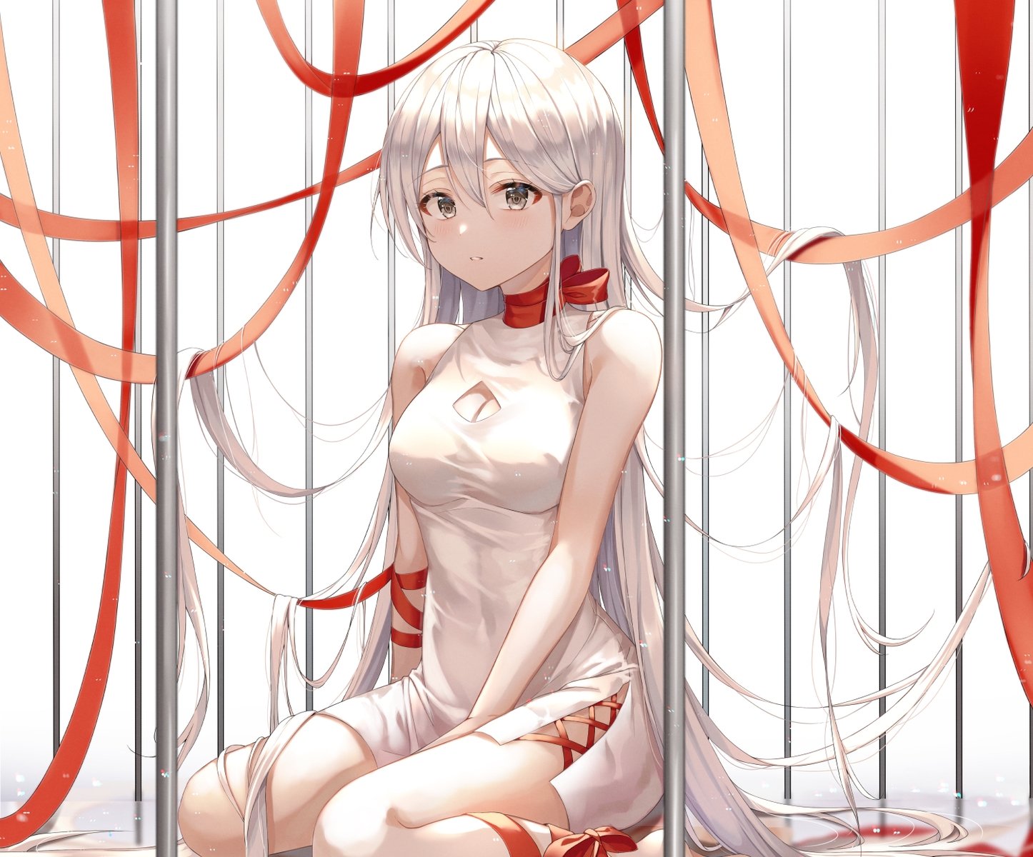 aliasing, blush, breasts, brown_eyes, cage, choker, cleavage, cropped, dress, ekina_(1217), gray_hair, long_hair, original, ribbons, white_hair