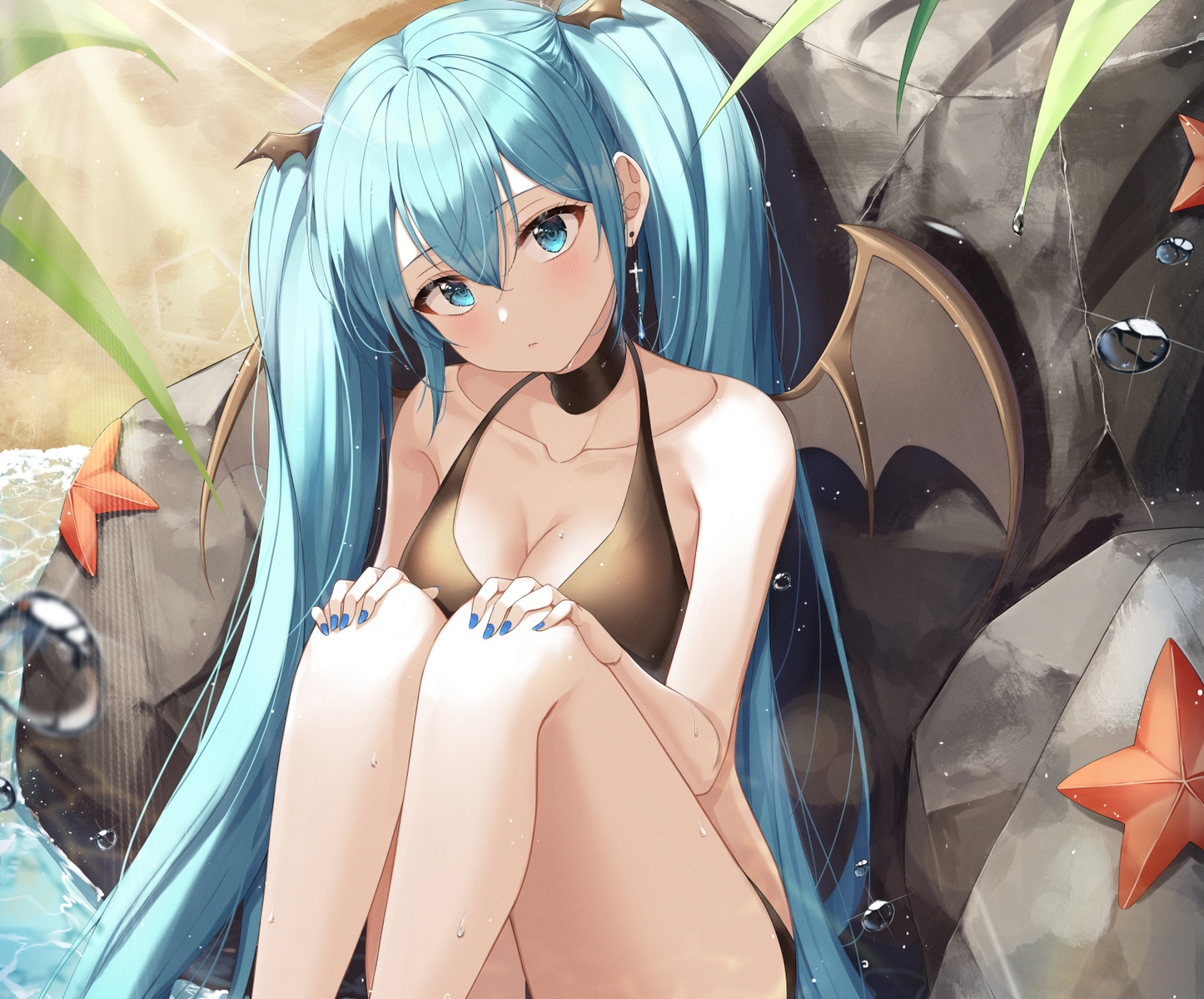 aliasing, aqua_eyes, aqua_hair, bikini, breasts, choker, cleavage, cropped