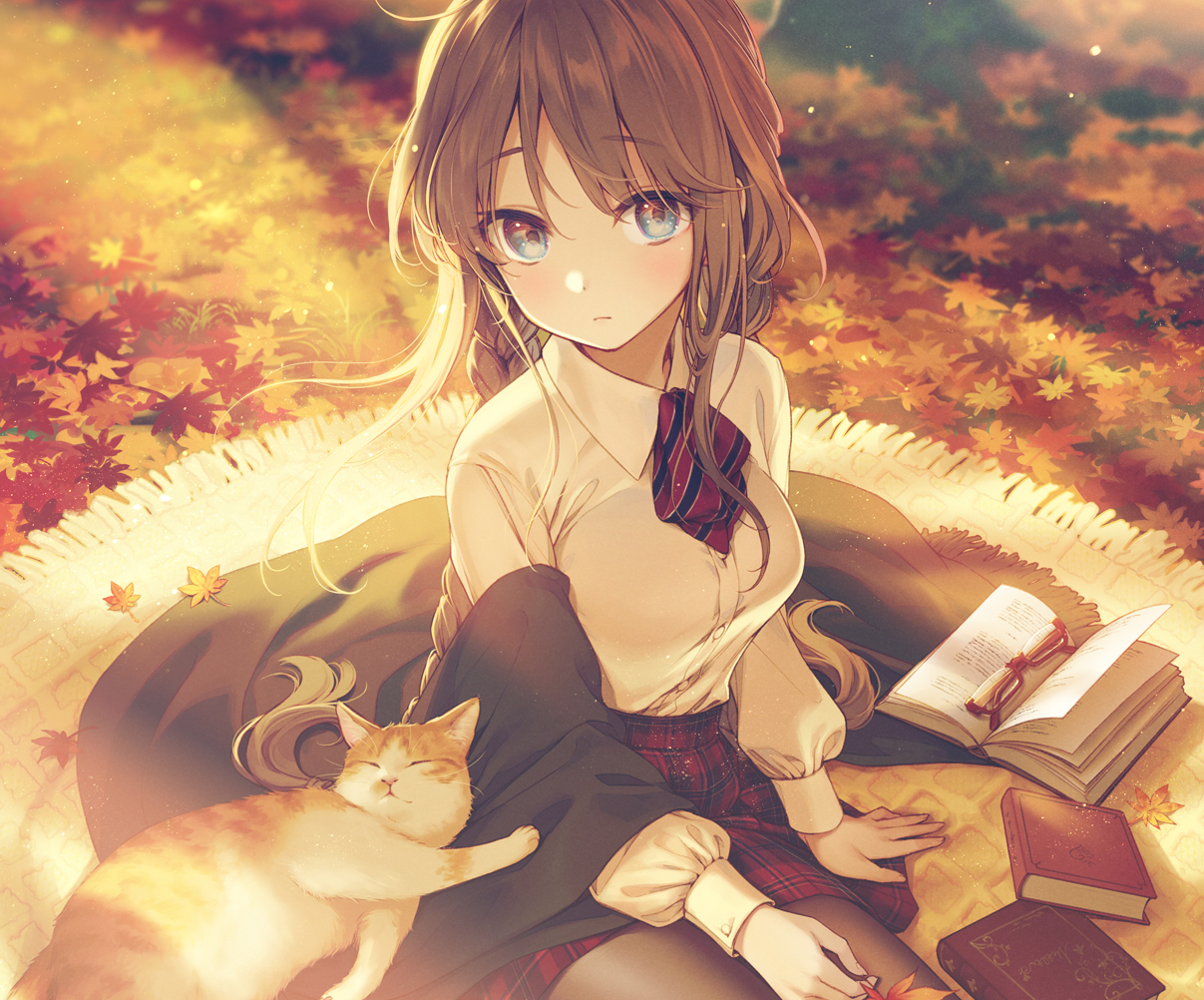 animal, aqua_eyes, autumn, book, braids, brown_hair, cat, cropped, glasses, leaves, long_hair, nekokan_masshigura, original, pantyhose, shirt, skirt, twintails