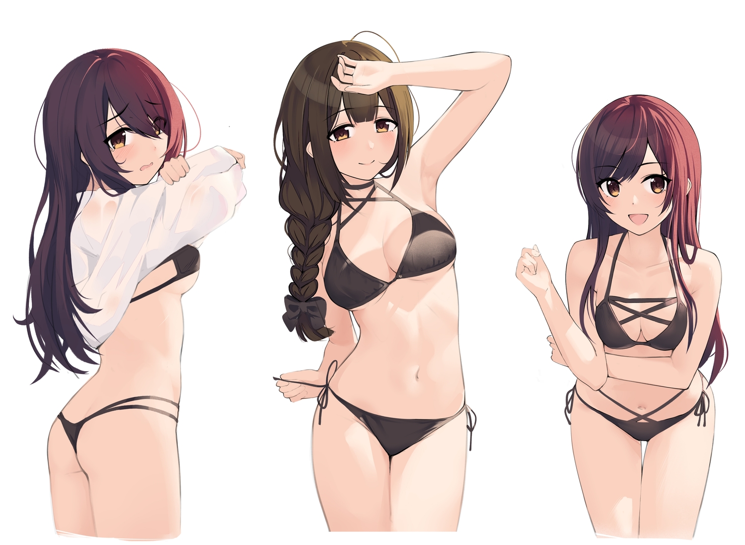 ass, bikini, braids, brown_eyes, brown_hair, gin00, idolmaster, idolmaster_shiny_colors, kuwayama_chiyuki, long_hair, navel, oosaki_amana, oosaki_tenka, ponytail, red_hair, swimsuit, undressing, white