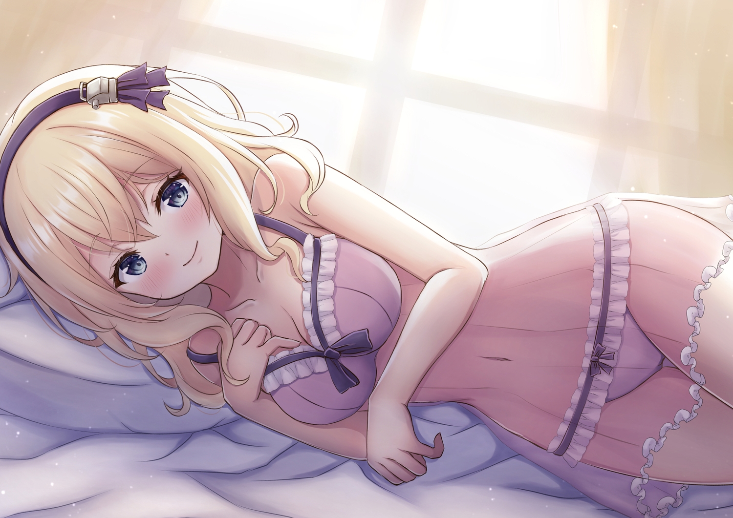 anthropomorphism, azur_lane, bed, blonde_hair, blue_eyes, bra, breast_hold, breasts, cameltoe, cleavage, headband, leander_(azur_lane), navel, panties, sakuraume, see_through, underwear