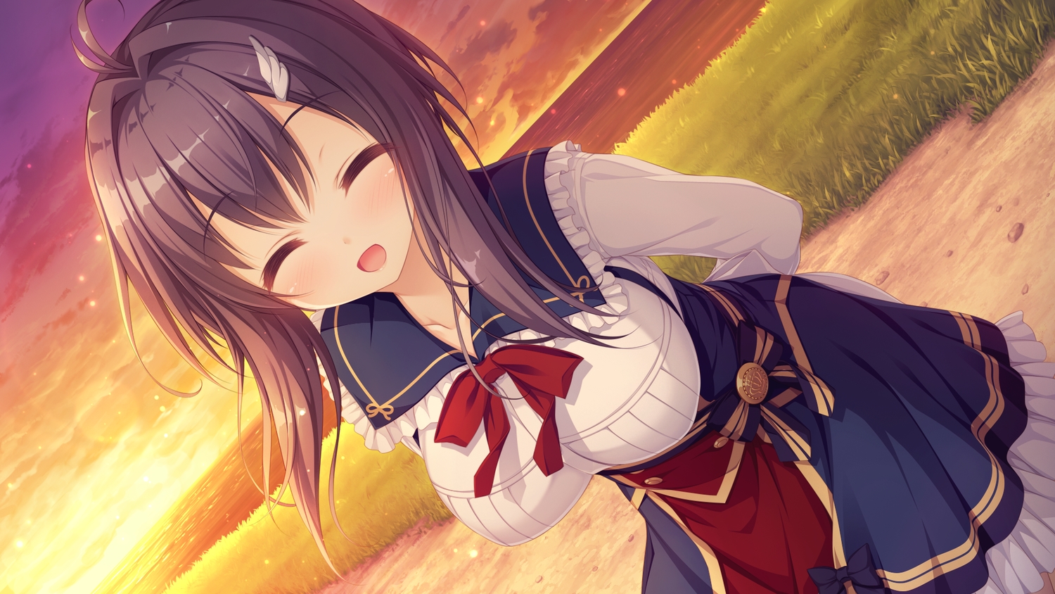 black_hair, bow, clouds, dress, game_cg, grass, mikagami_mamizu, pieces/wataridori_no_somnium