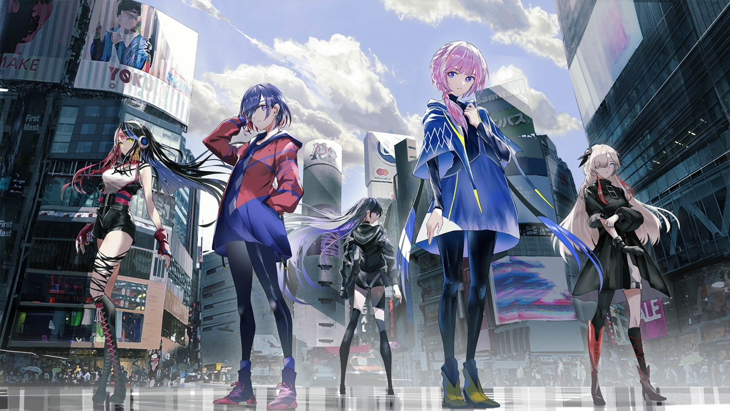 black_hair, blue_hair, boots, building, city, clouds, gloves, group, harusaruhi, headphones, isekaijoucho, kaf, kamitsubaki_studio, koko_(kamitsubaki_studio), long_hair, ponytail, purple_eyes, purple_hair, rim_(kamitsubaki_studio), sky, swav, thighhighs