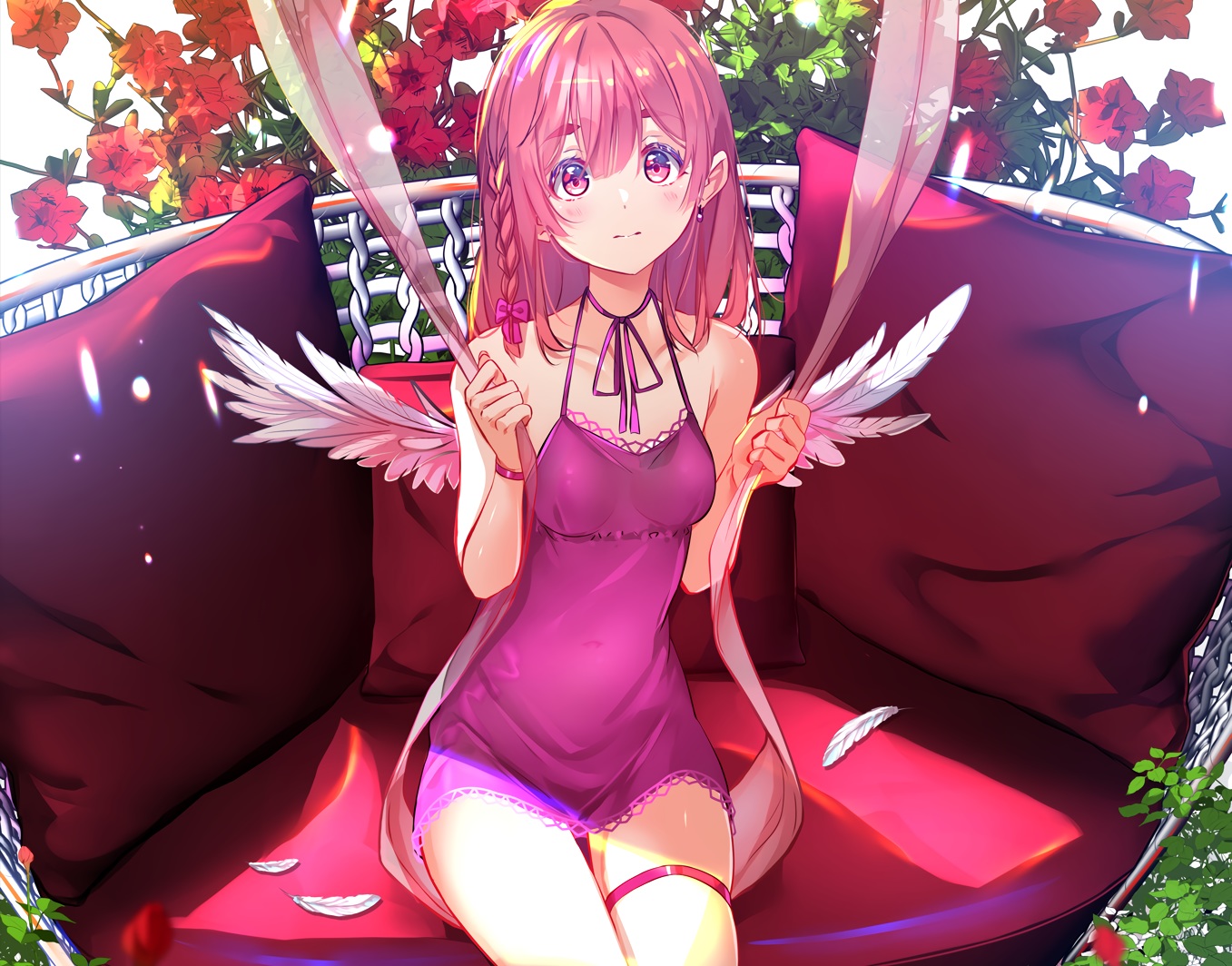 blush, braids, cropped, dress, feathers, flowers, garter, kanojo_okarishimasu
