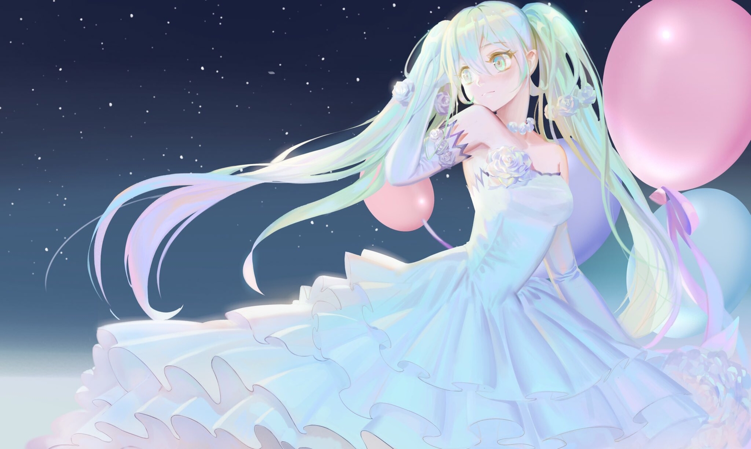 aqua_eyes, aqua_hair, choker, dress, elbow_gloves, gloves, hatsune_miku, kirbyheimi, long_hair, night, stars, twintails, vocaloid