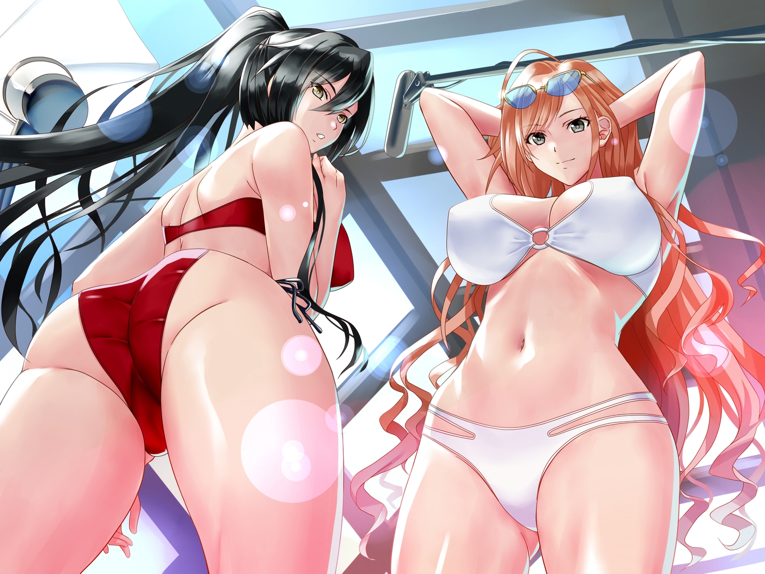 2girls, arisugawa_natsuha, ass, bikini, black_hair, blonde_hair, cameltoe, gray_eyes