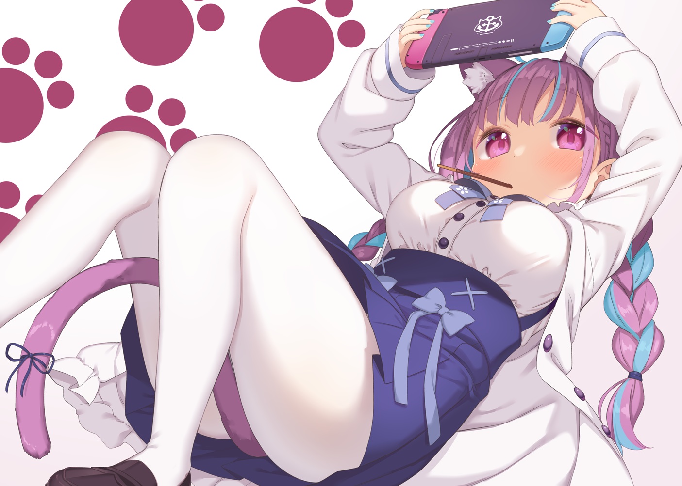animal_ears, blush, bow, braids, catgirl, game_console, gradient, hololive, long_hair, minato_aqua, muku-coffee, pantyhose, purple_eyes, purple_hair, school_uniform, shirt, skirt, tail, twintails
