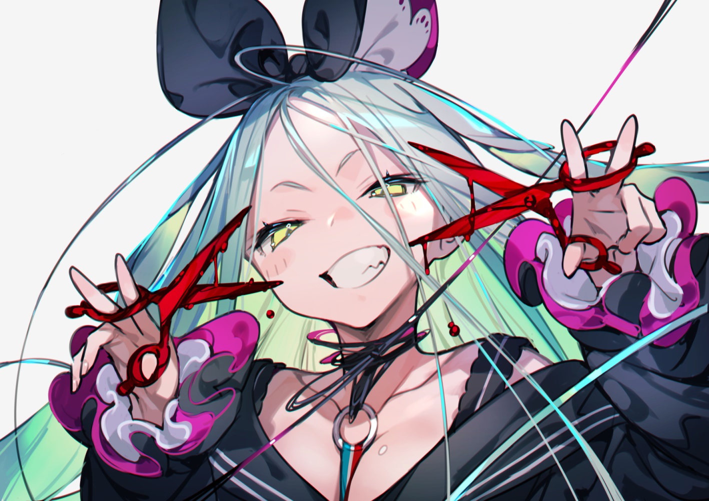 blood, blush, breasts, bukurote, cleavage, close, green_eyes, green_hair, headband, long_hair, original, third-party_edit