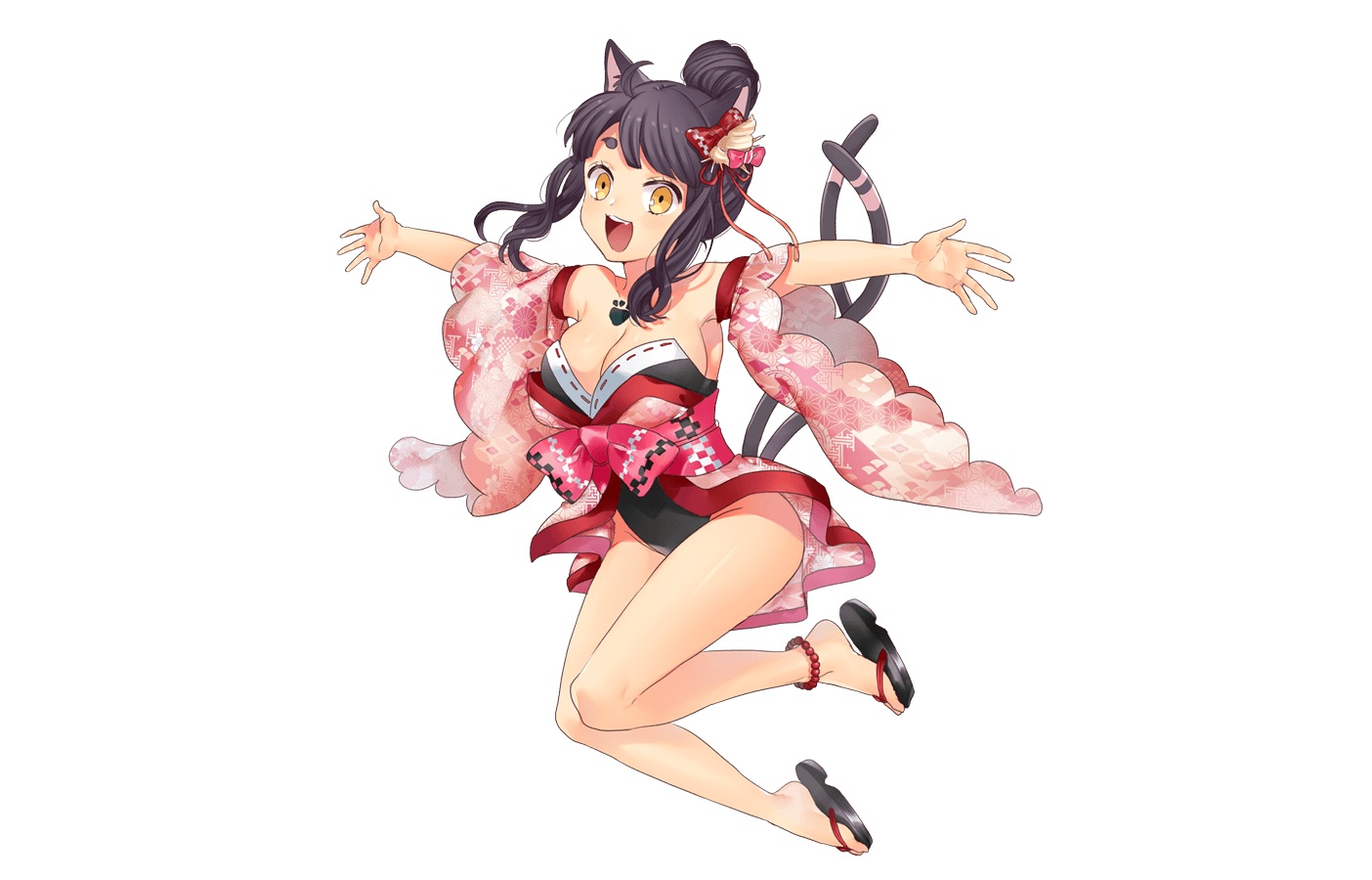 animal_ears, black_hair, breasts, cleavage, japanese_clothes, leotard, multiple_tails, nekomata_(youkai_hyakki-tan!), short_hair, tagme_(artist), tail, white, yellow_eyes, youkai_hyakki-tan!