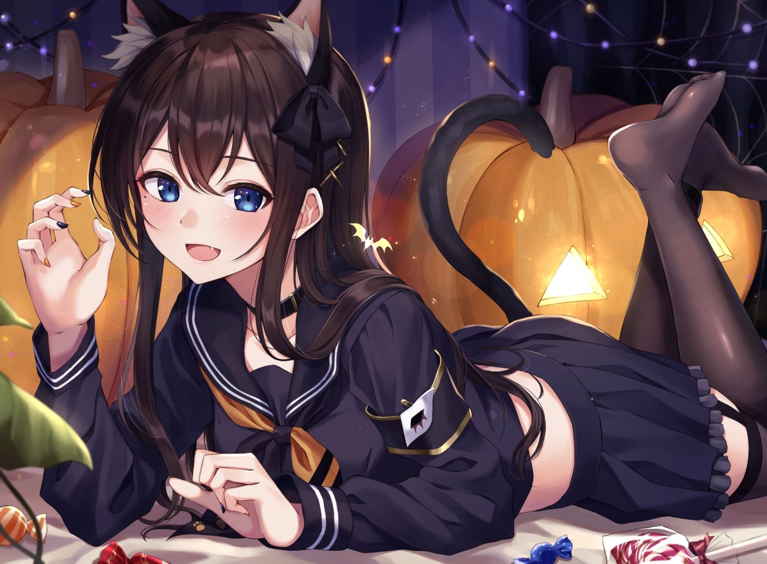 animal_ears, black_hair, blue_eyes, blush, bow, candy, collar, fang, garter_belt, halloween, kurousagi_yuu, long_hair, original, pumpkin, school_uniform, skirt, stockings, tail