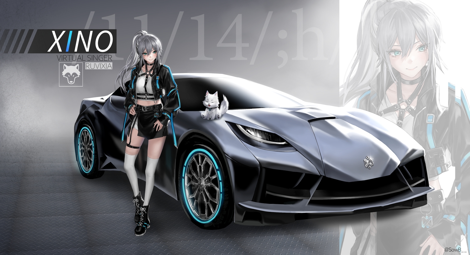 animal, boots, car, choker, dog, garter, gray_hair, green_eyes