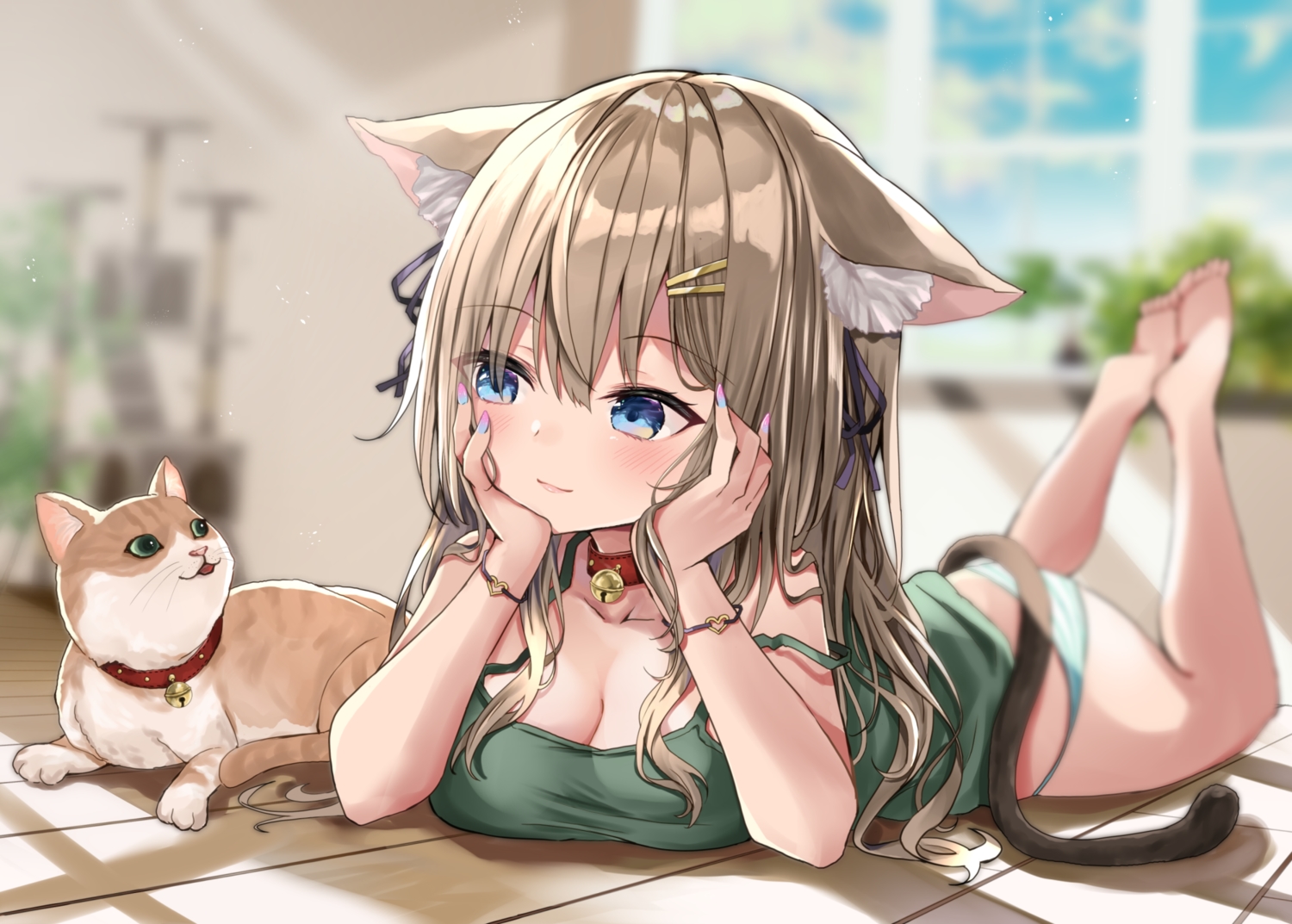 akino_ell, animal, animal_ears, aqua_eyes, barefoot, bell, brown_hair, cat