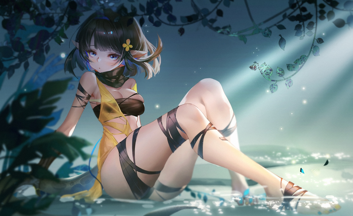 arknights, blue_eyes, breasts, cleavage, dress, eunectes_(arknights), pointed_ears, tail