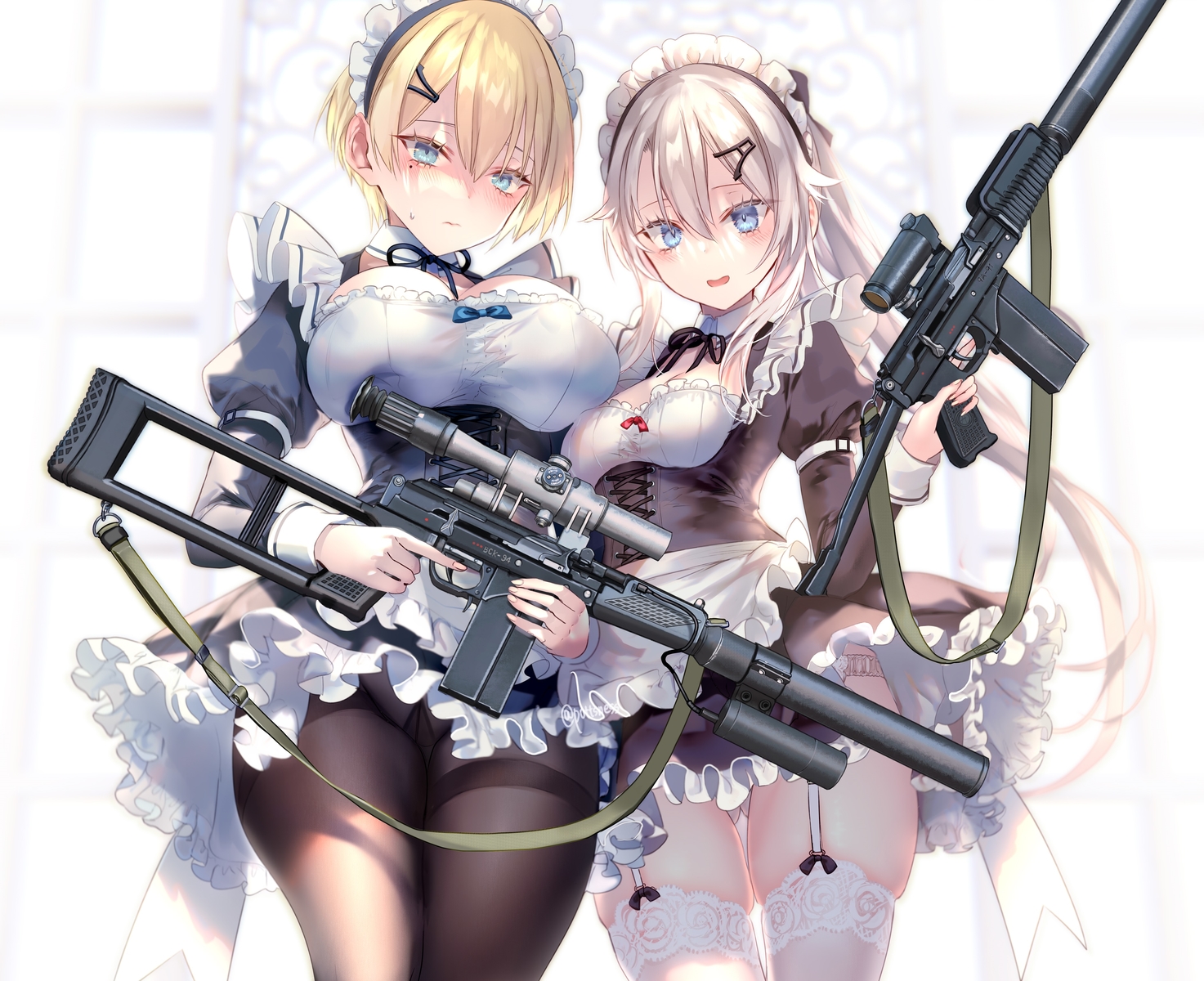 2girls, 9a-91_(girls_frontline), anthropomorphism, apron, aqua_eyes, blonde_hair, blue_eyes, blush, breasts, cleavage, cropped, garter_belt, girls_frontline, gray_hair, gun, headdress, long_hair, maid, panties, pantyhose, pottsness, short_hair, stockings, underwear, upskirt, vsk-94_(girls_frontline), weapon