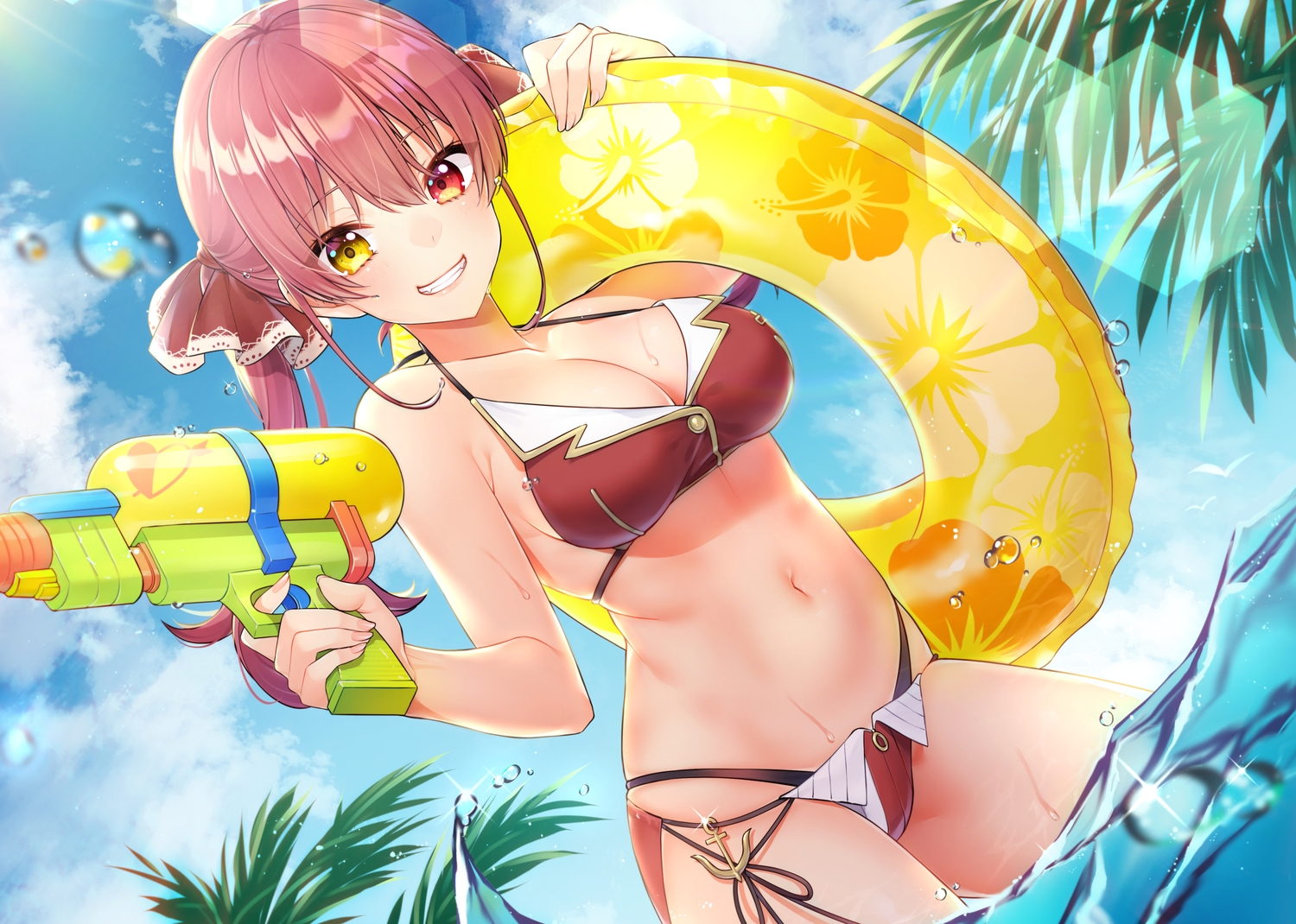 bicolored_eyes, bikini, breasts, cleavage, clouds, hololive, houshou_marine, kitazume_kumie, long_hair, sky, swimsuit, water