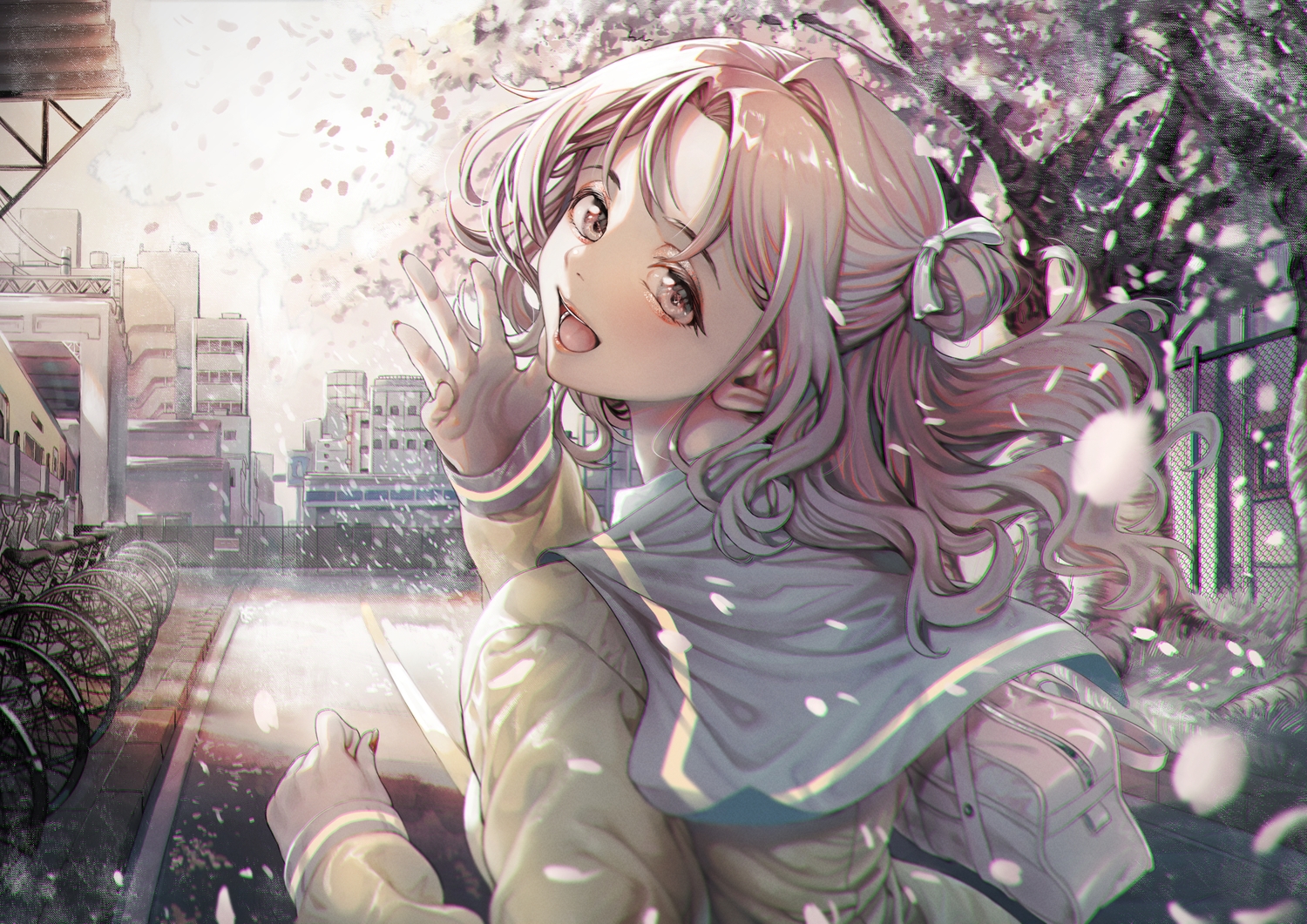 atagumo_yuba, bicycle, building, cherry_blossoms, flowers, ichikawa_hinana, idolmaster, idolmaster_shiny_colors