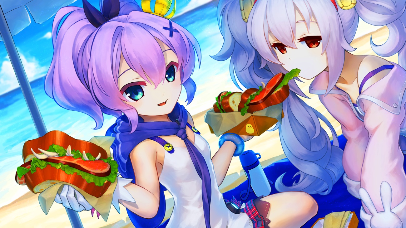 2girls, anthropomorphism, aqua_eyes, azur_lane, beach, food, javelin_(azur_lane), laffey_(azur_lane), long_hair, mitchy1023, purple_hair, red_eyes, twintails, umbrella, water, white_hair