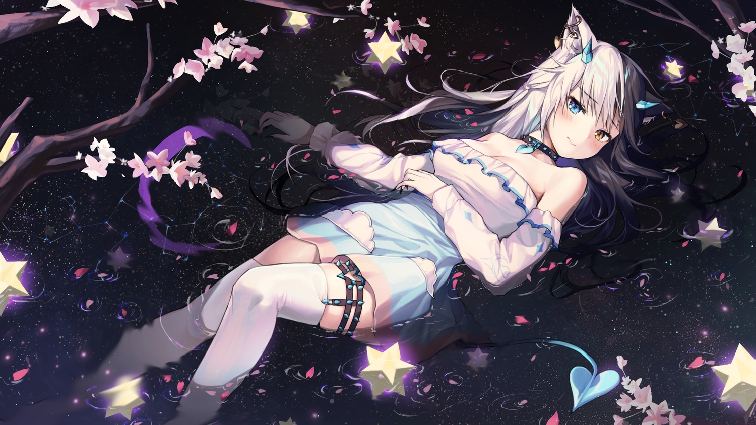 animal_ears, bicolored_eyes, blush, breasts, catgirl, cherry_blossoms, cleavage, collar, dress, flowers, horns, original, petals, reflection, skirt, stars, tail, thighhighs, water, yampa, zettai_ryouiki