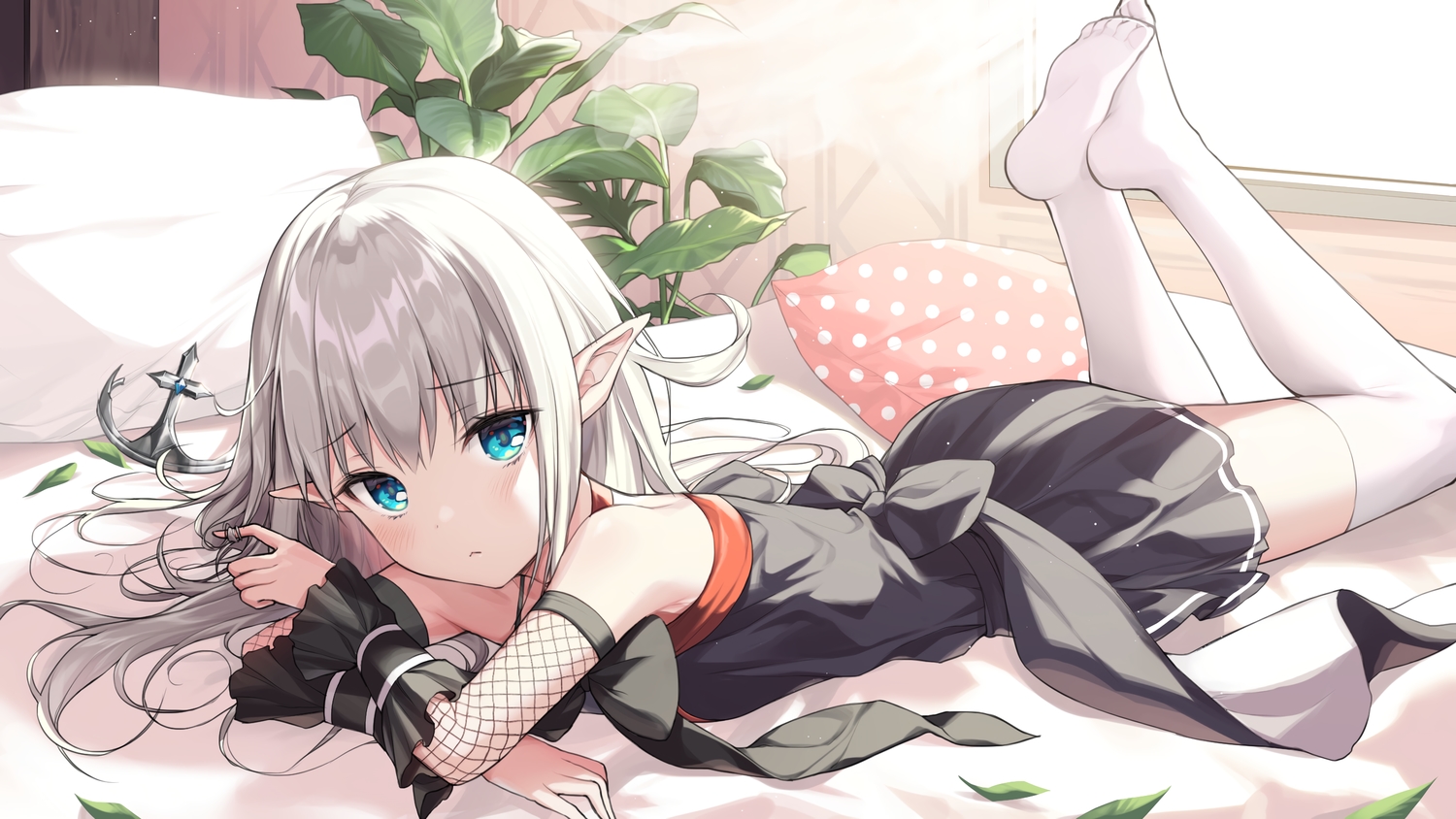 aqua_eyes, bed, blush, dress, gray_hair, long_hair, original, pointed_ears, thighhighs, yampa, zettai_ryouiki