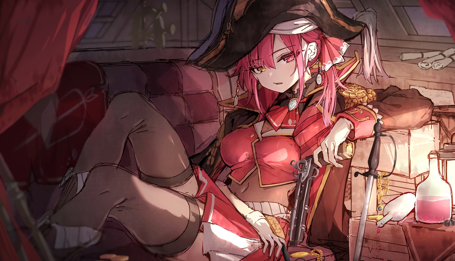 bicolored_eyes, darjeeling_(reley), drink, gloves, gun, hat, hololive, houshou_marine, pirate, sketch, sword, thighhighs, twintails, weapon