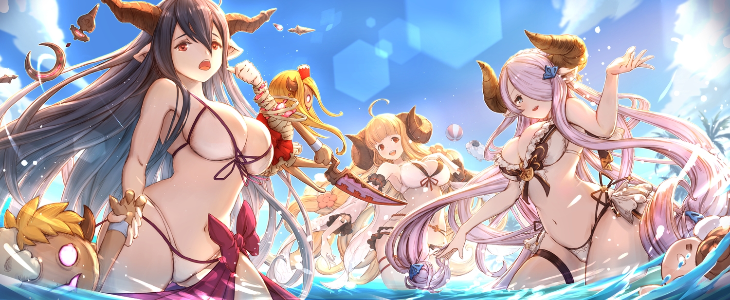 anila_(granblue_fantasy), bikini, black_hair, blonde_hair, clouds, danua, granblue_fantasy, group