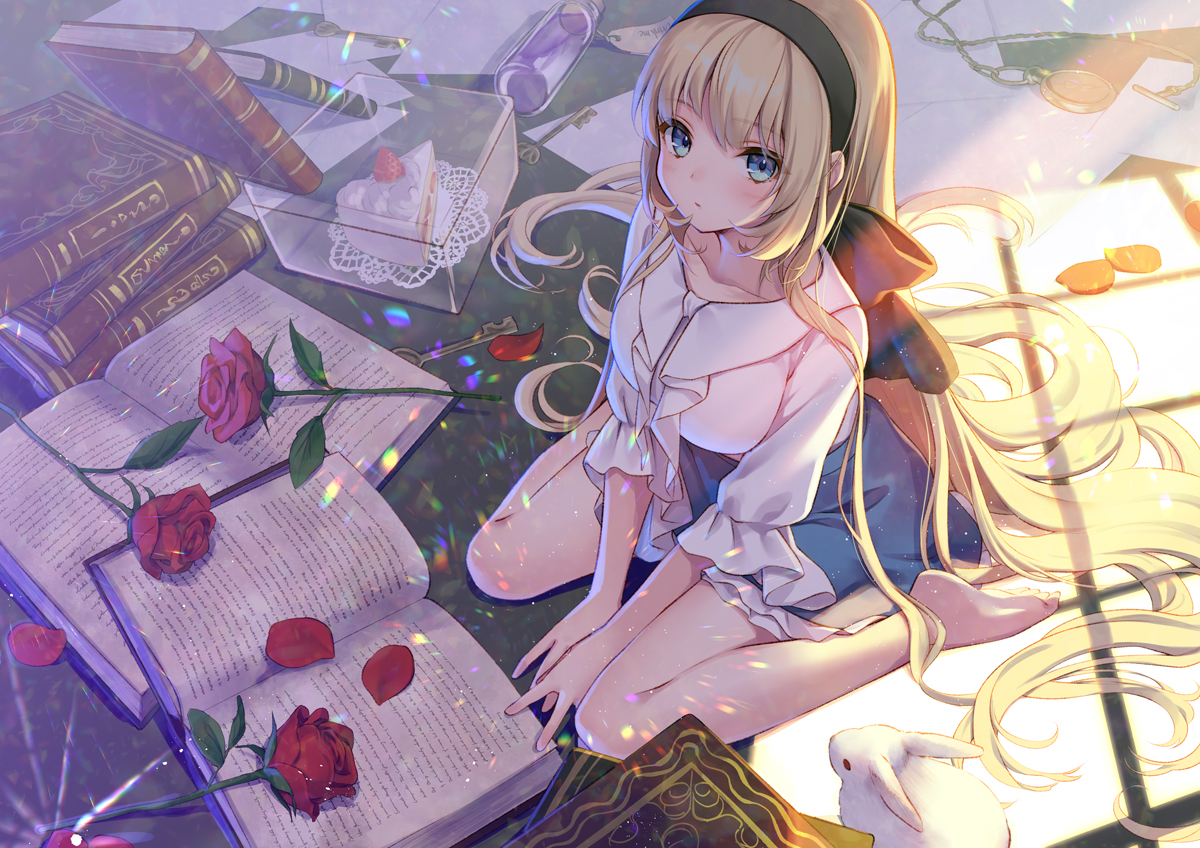 animal, barefoot, blonde_hair, blue_eyes, book, cake, flowers, food