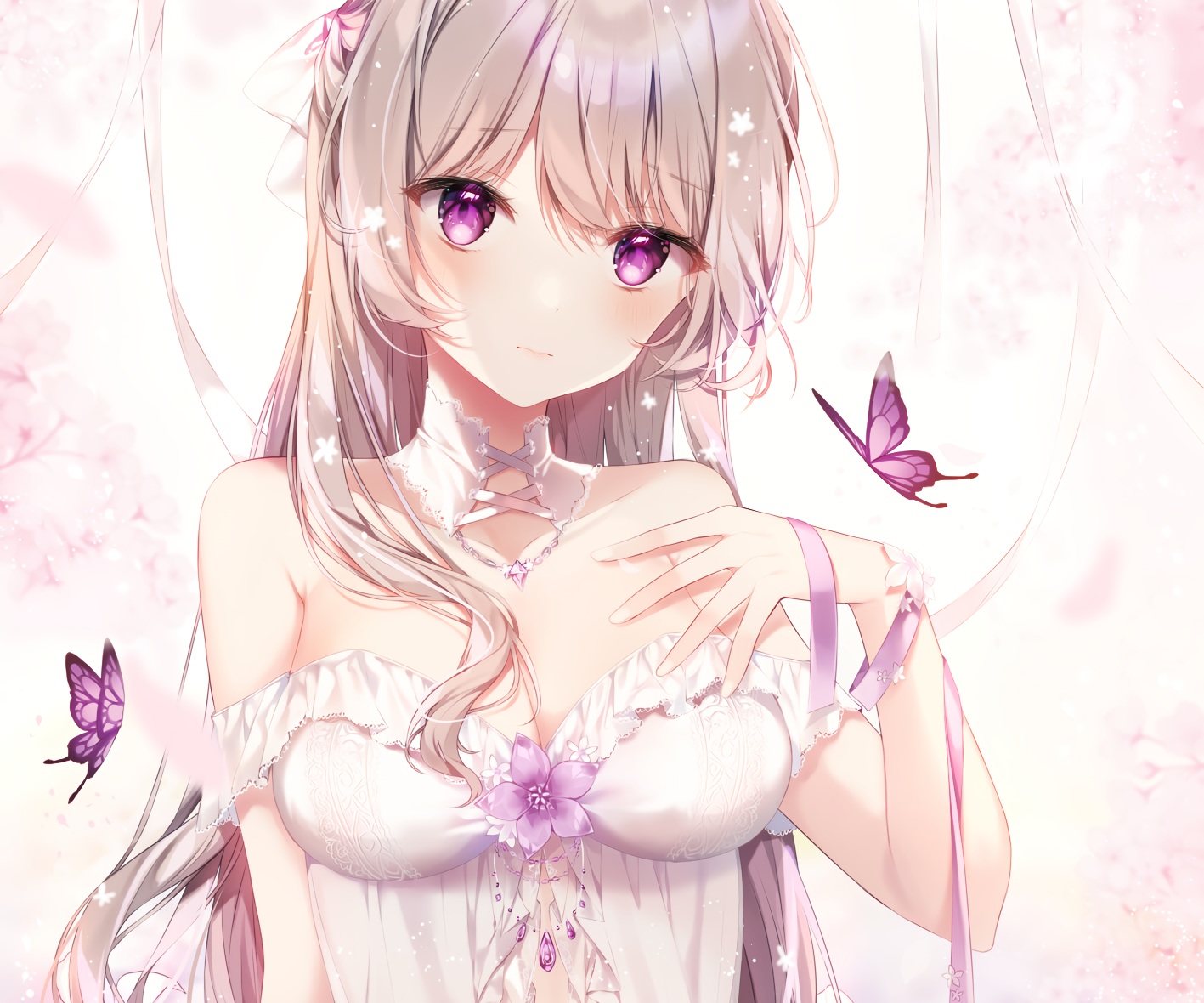 breasts, brown_hair, butterfly, cherry_blossoms, cleavage, close, cropped, flowers, long_hair, original, purple_eyes, ribbons, taya_oco