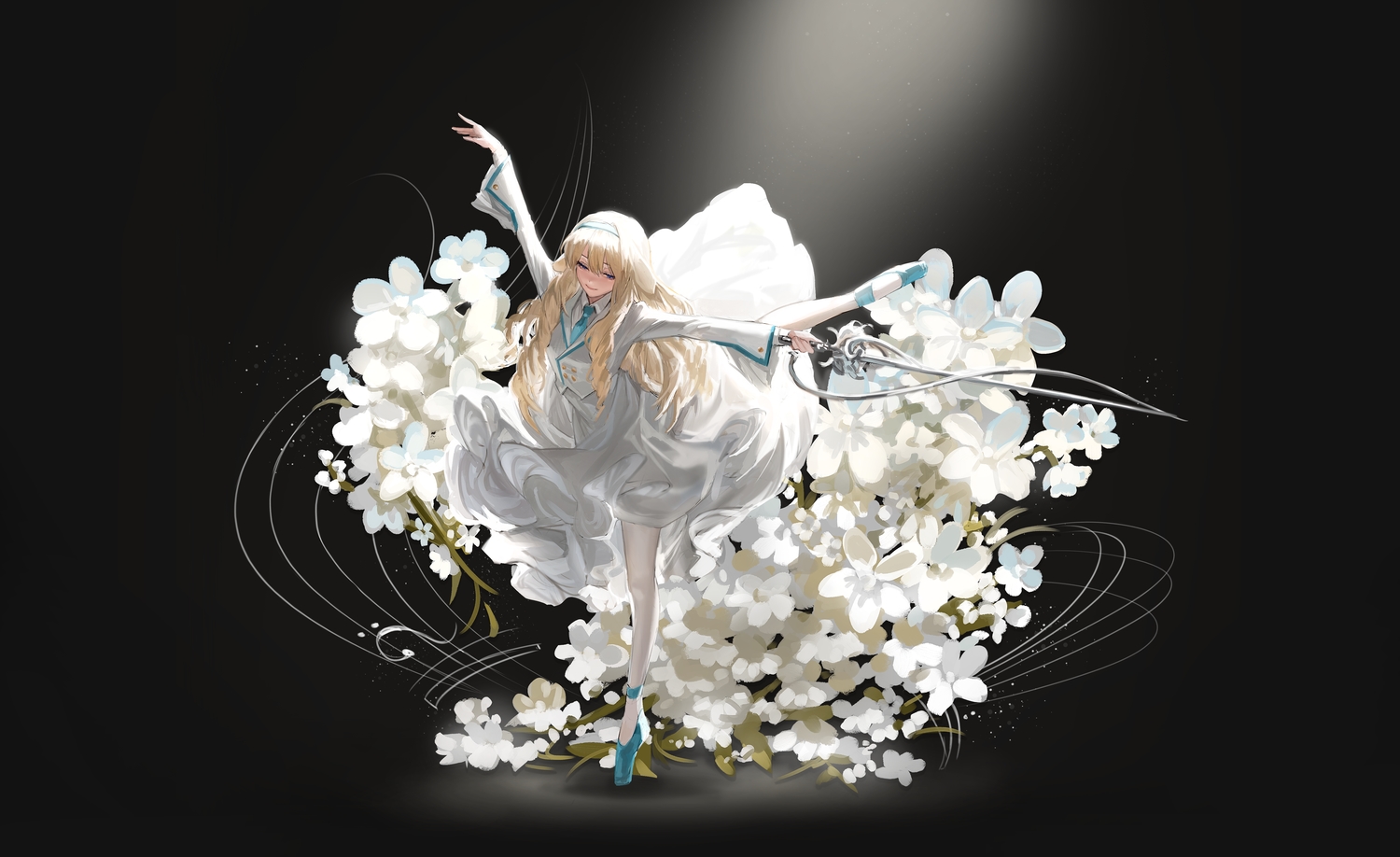 animal_ears, black, blonde_hair, blue_eyes, dress, flowers, headband, long_hair