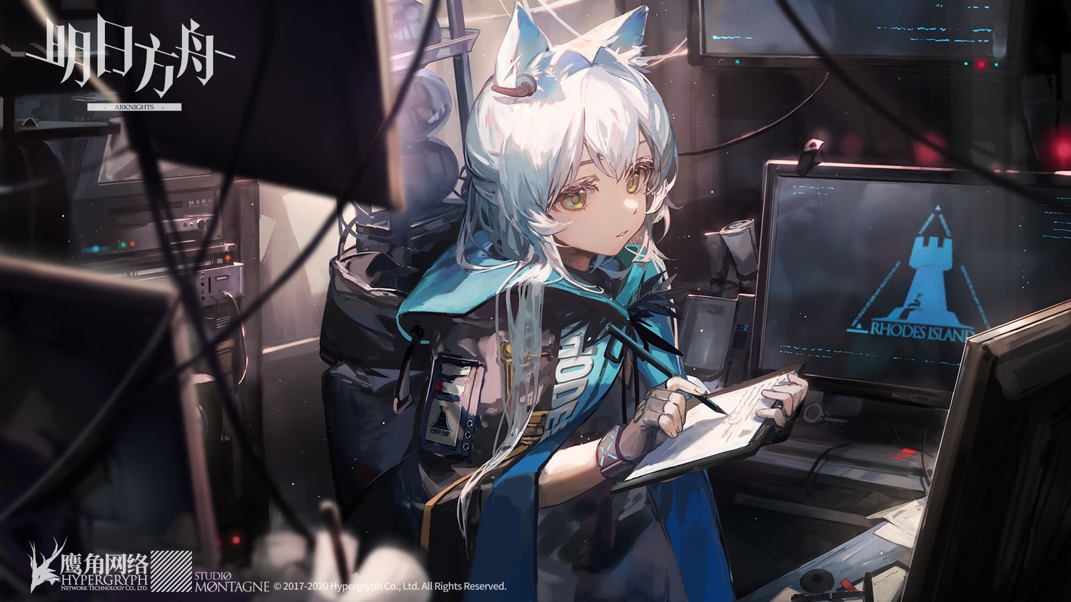 animal_ears, arknights, cape, catgirl, ciloranko, computer, gloves, green_eyes, hood, logo, long_hair, rosmontis_(arknights), white_hair