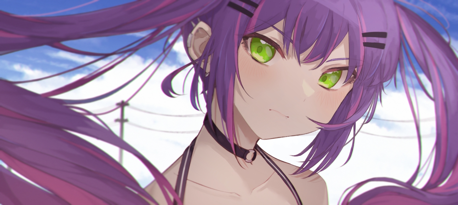 blush, close, clouds, collar, green_eyes, hololive, long_hair, purple_hair, sky, takasumikei, tokoyami_towa, twintails