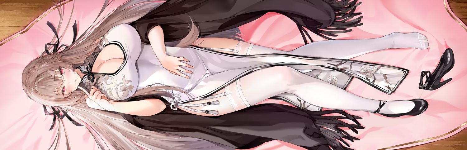 aimee_(emi), anthropomorphism, azur_lane, braids, breasts, brown_hair, chinese_clothes, chinese_dress, cleavage, close, dress, erect_nipples, garter_belt, long_hair, red_eyes, ribbons, stockings, swiftsure_(azur_lane), waifu2x