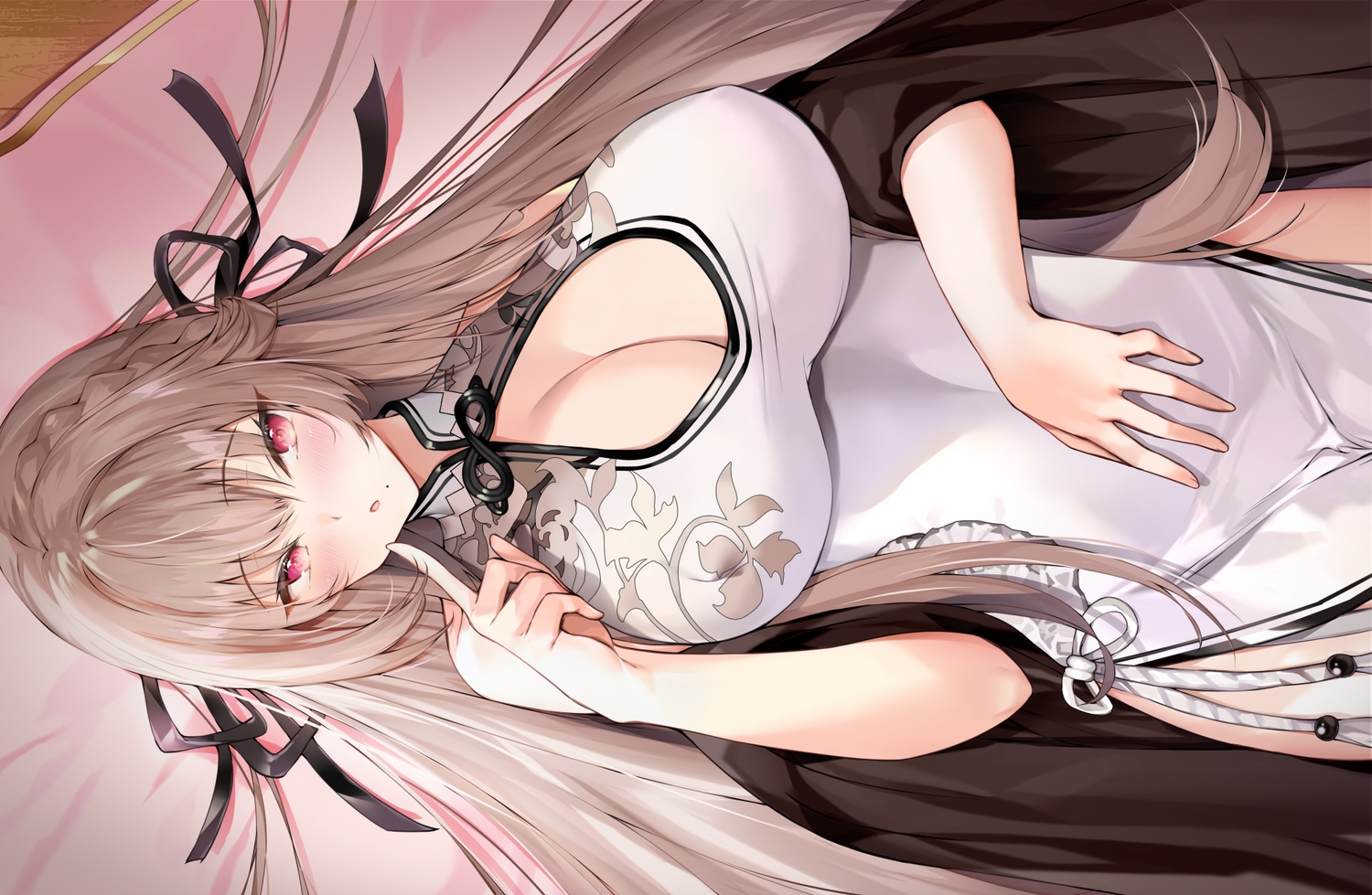 aimee_(emi), anthropomorphism, azur_lane, blush, braids, brown_hair, chinese_clothes, chinese_dress, close, dress, erect_nipples, long_hair, red_eyes, ribbons, swiftsure_(azur_lane)