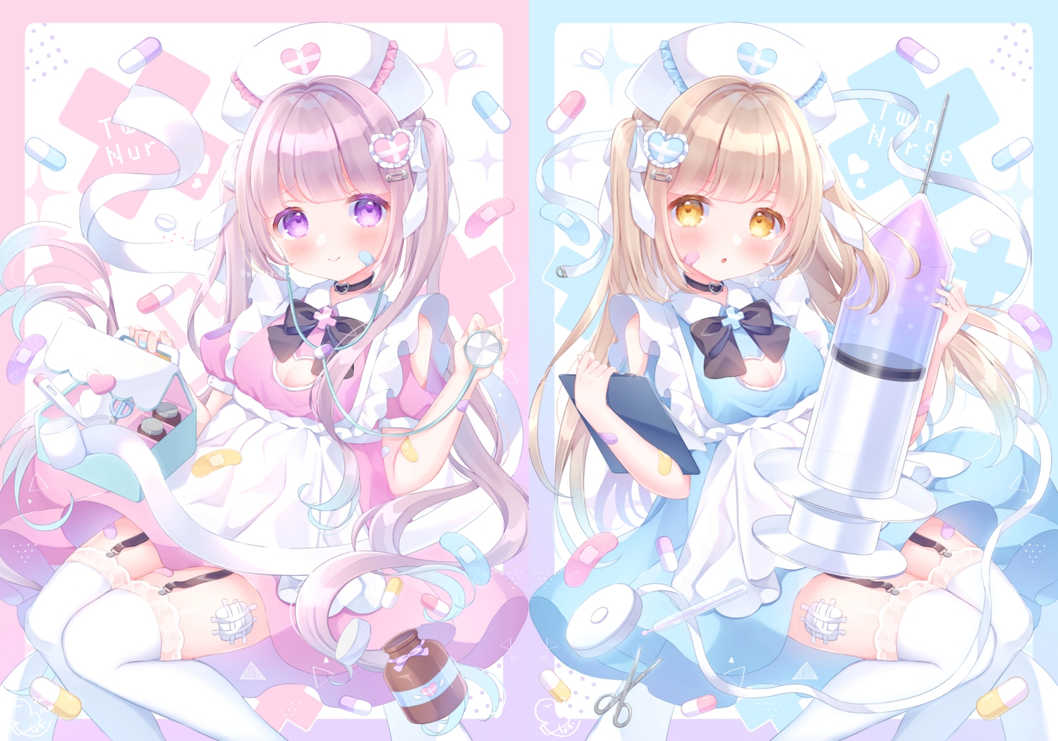 2girls, apron, bandaid, breasts, brown_hair, cleavage, collar, garter_belt