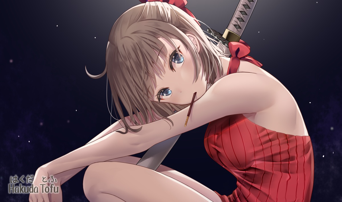 blue_eyes, bow, brown_hair, dress, fate/grand_order, fate_(series), food, hakudatofu