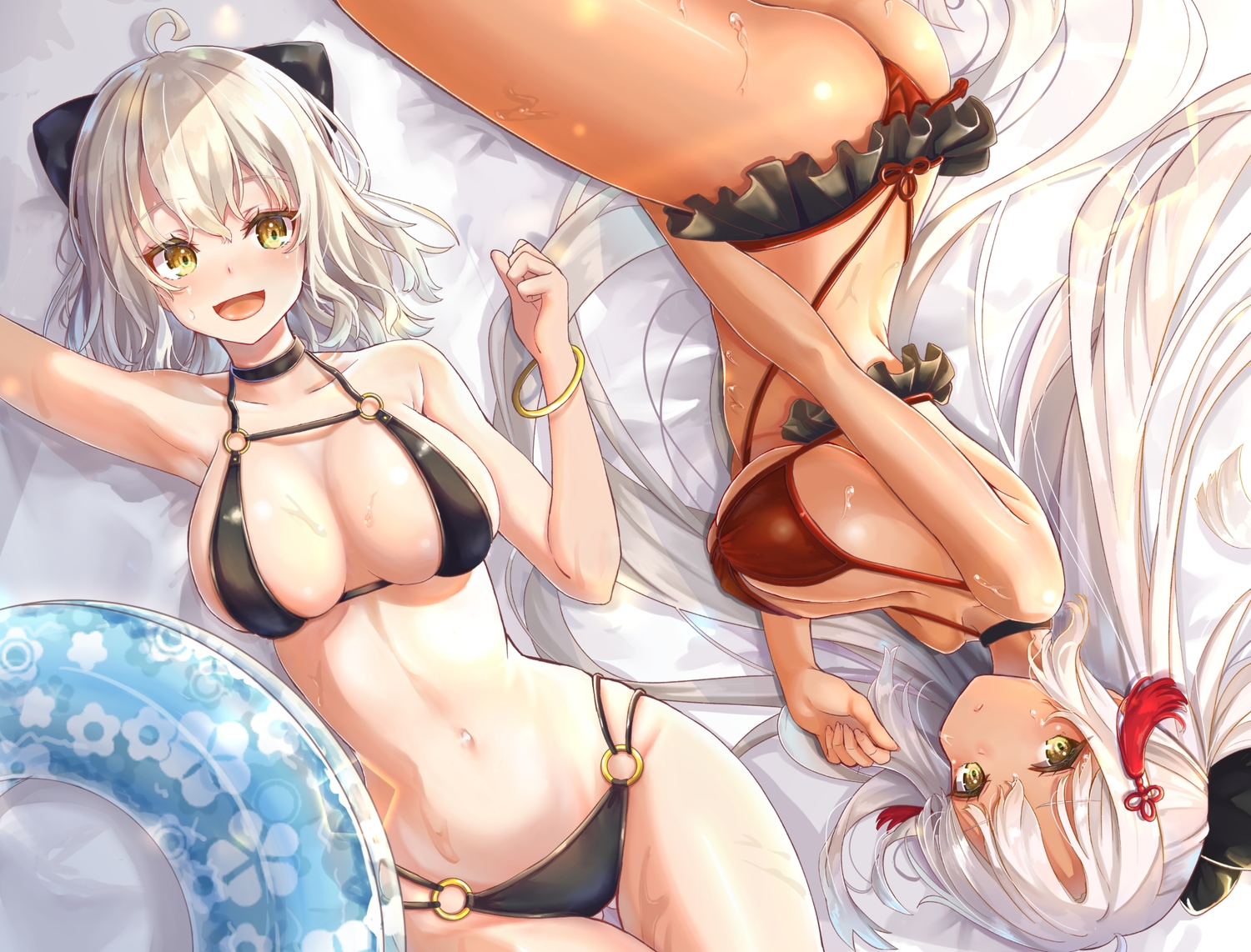 2girls, ass, bikini, dark_skin, fate/grand_order, fate_(series), hayashi_takeo, long_hair