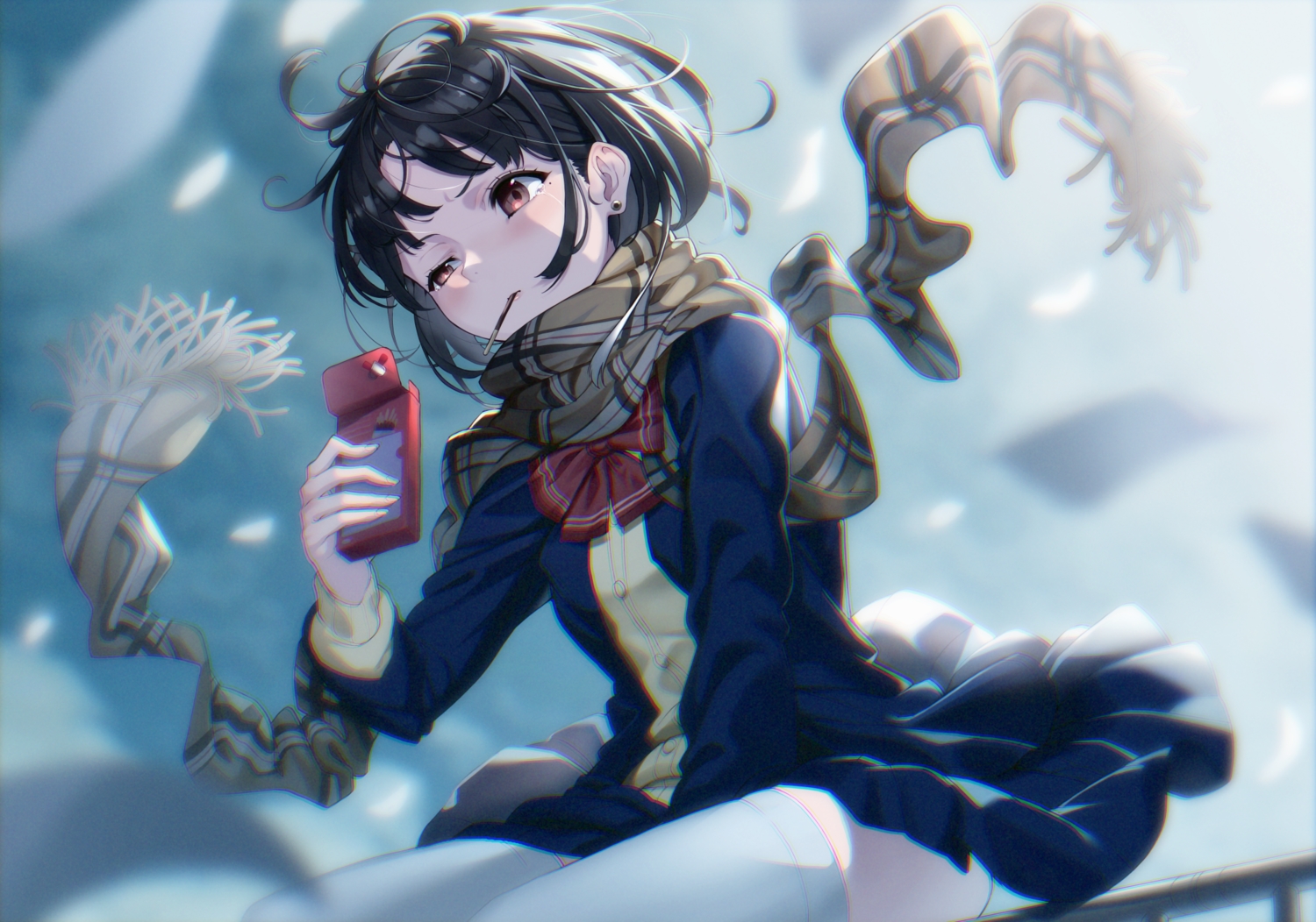black_hair, brown_eyes, crying, e90vwggy, food, original, pocky, scarf